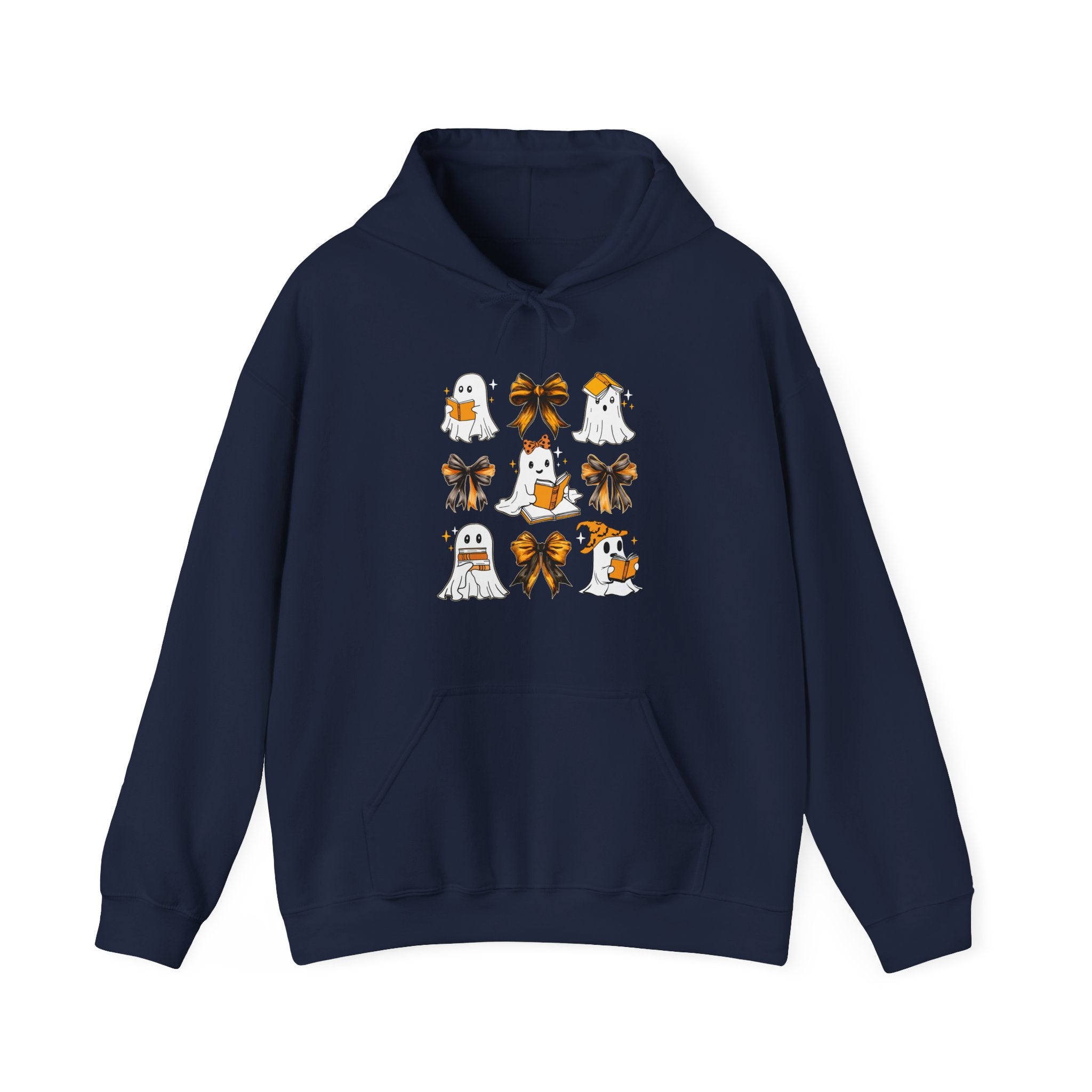 Halloween Ghost Reading Books Hoodie — Cute Ghosts with Orange Coquette Bows Sweatshirt