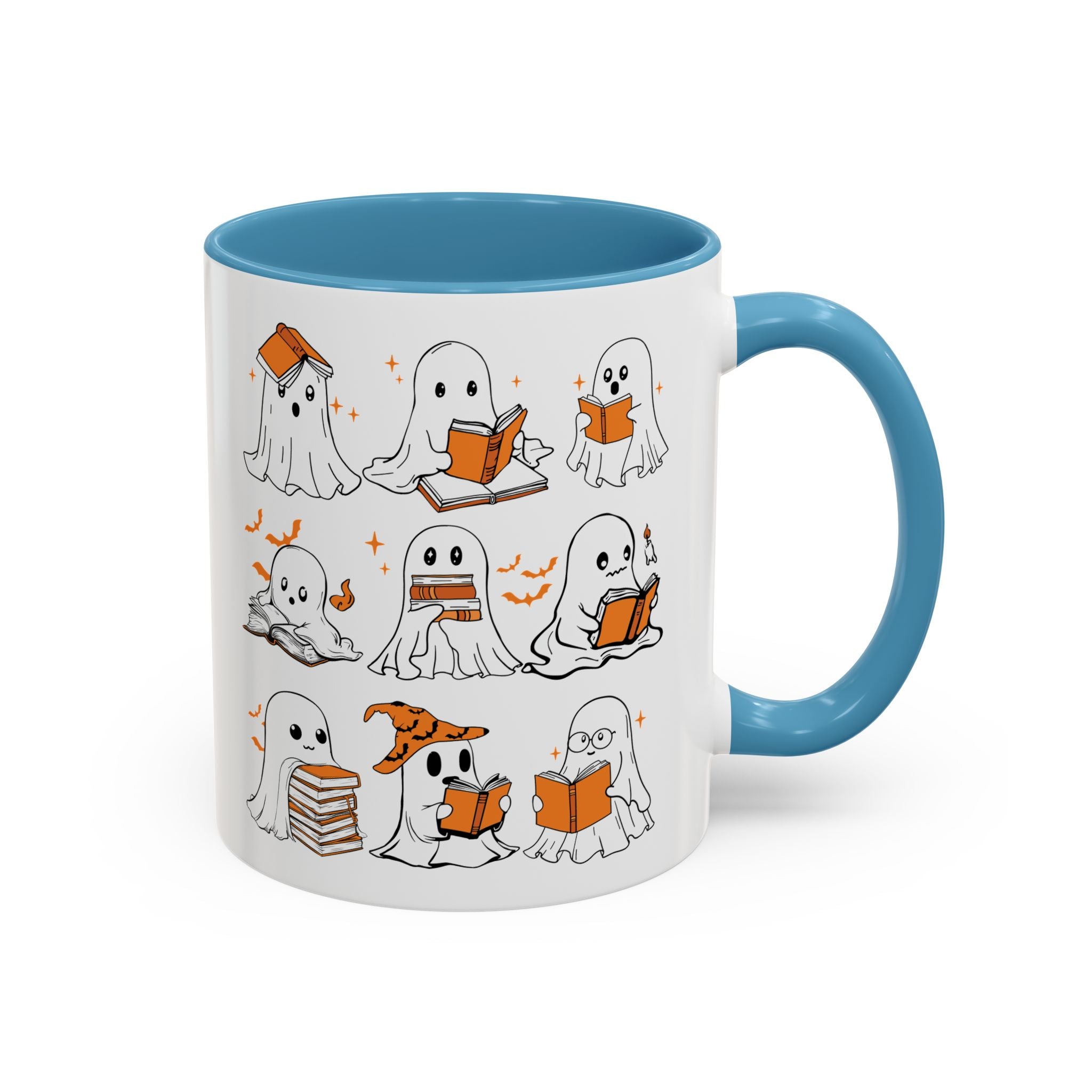 Halloween Ghost Reading Coffee Mug – Cute Spooky Booklover Accent Mug (11/15oz)