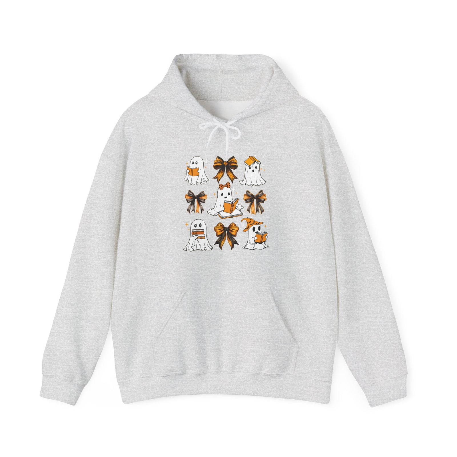 Halloween Ghost Reading Books Hoodie — Cute Ghosts with Orange Coquette Bows Sweatshirt
