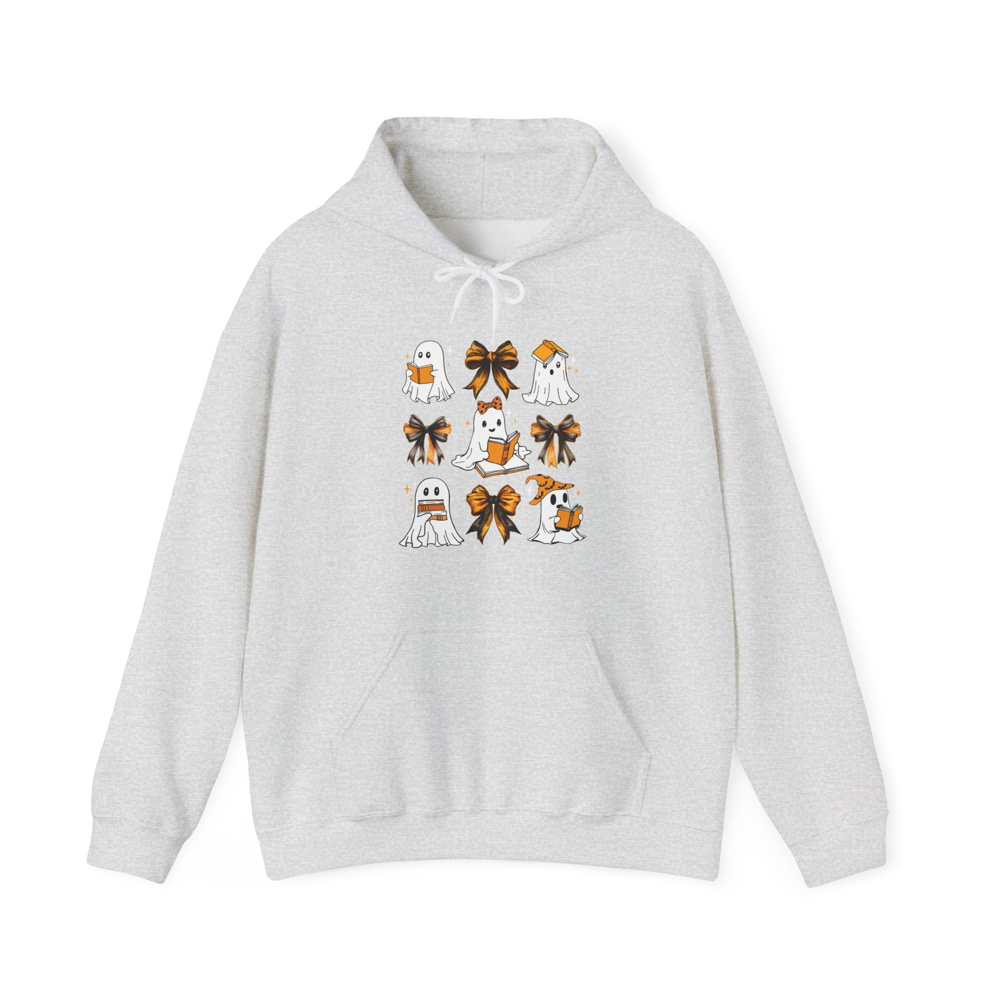 Halloween Ghost Reading Books Hoodie — Cute Ghosts with Orange Coquette Bows Sweatshirt