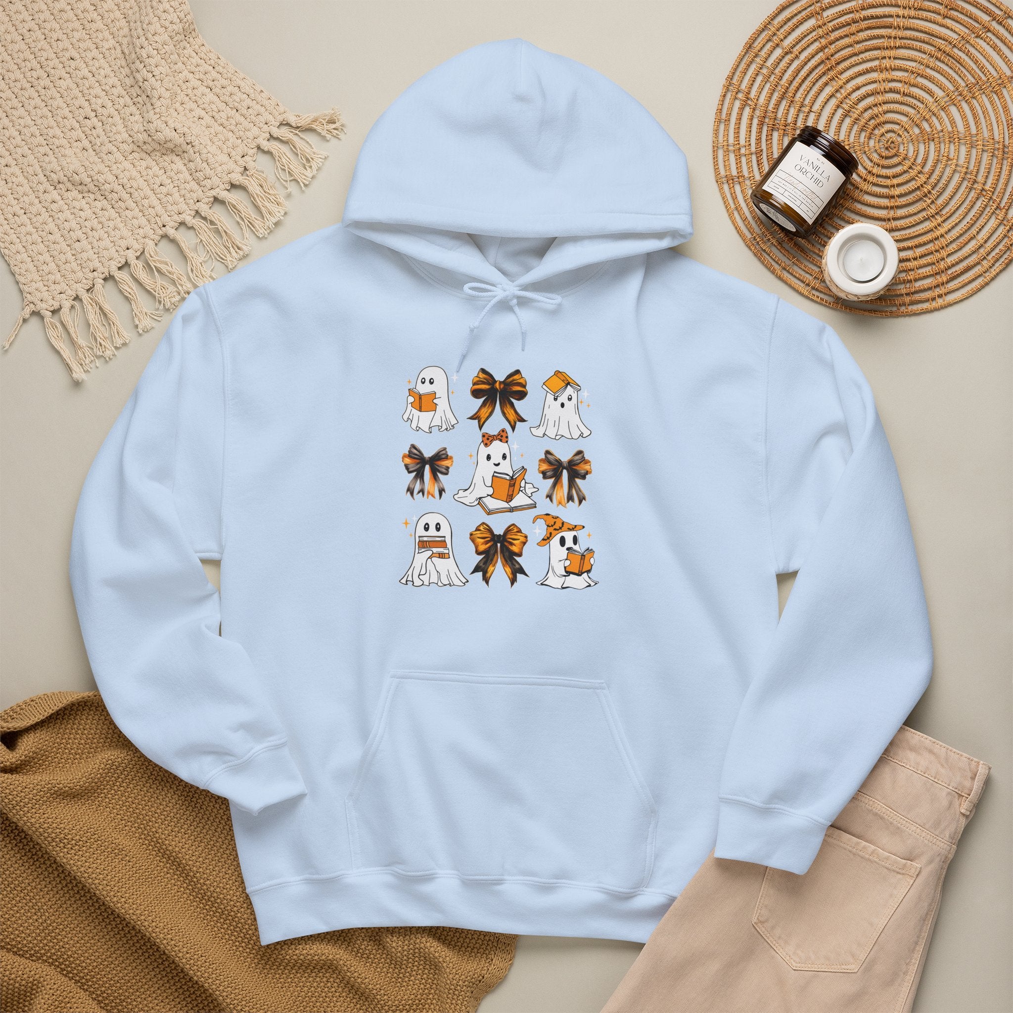 Halloween Ghost Reading Books Hoodie — Cute Ghosts with Orange Coquette Bows Sweatshirt