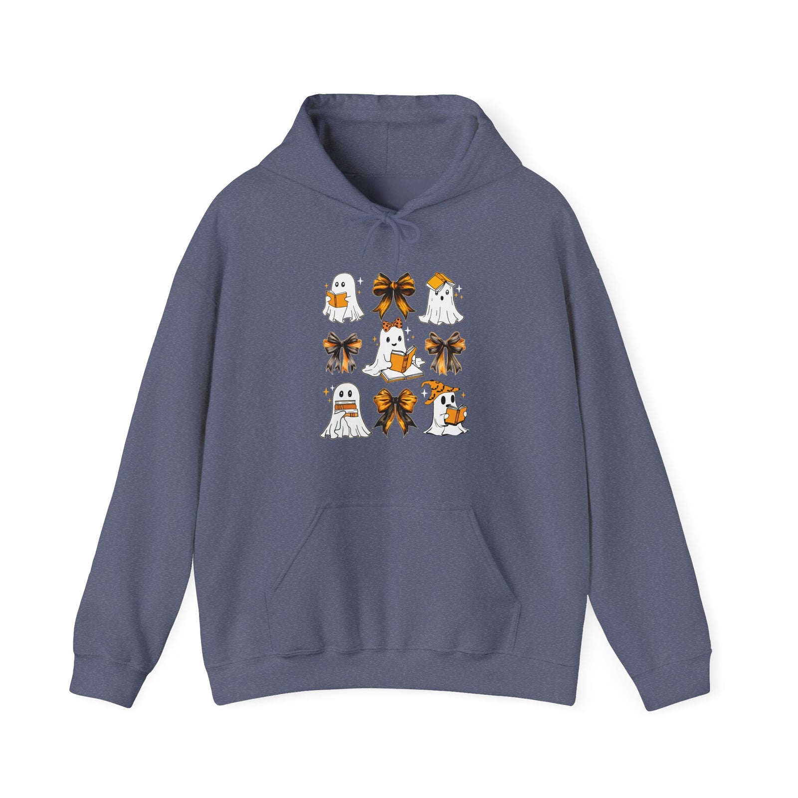 Halloween Ghost Reading Books Hoodie — Cute Ghosts with Orange Coquette Bows Sweatshirt
