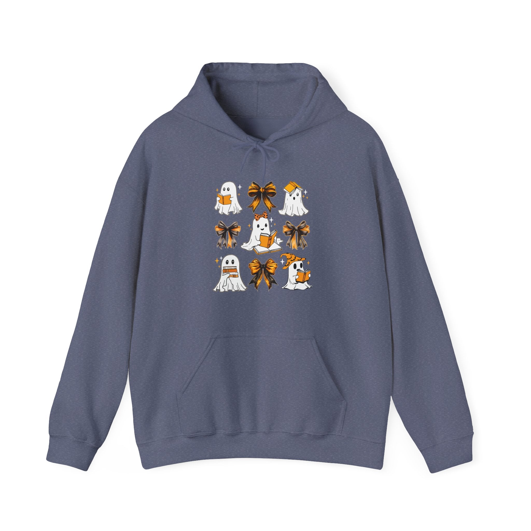 Halloween Ghost Reading Books Hoodie — Cute Ghosts with Orange Coquette Bows Sweatshirt