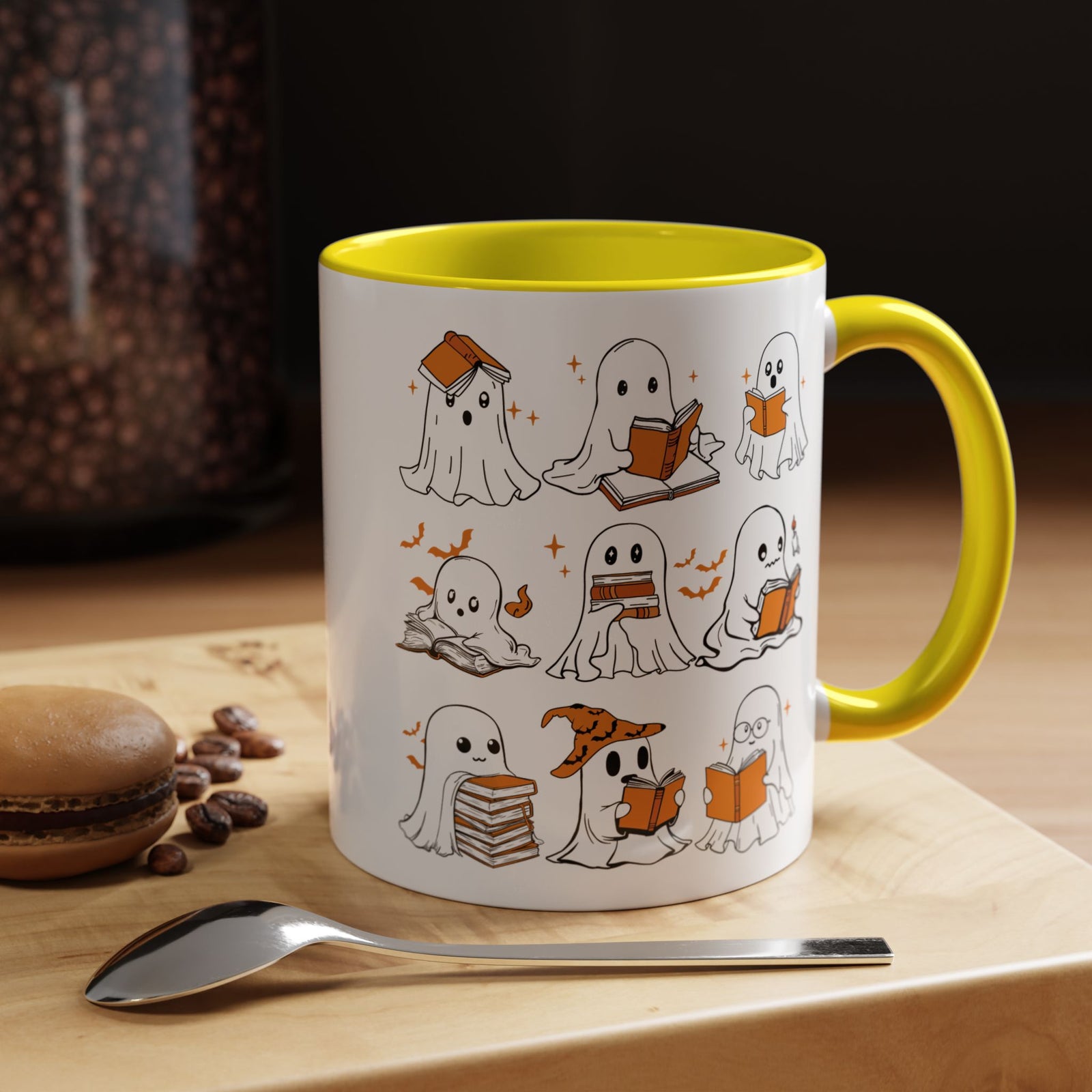 Halloween Ghost Reading Coffee Mug – Cute Spooky Booklover Accent Mug (11/15oz)