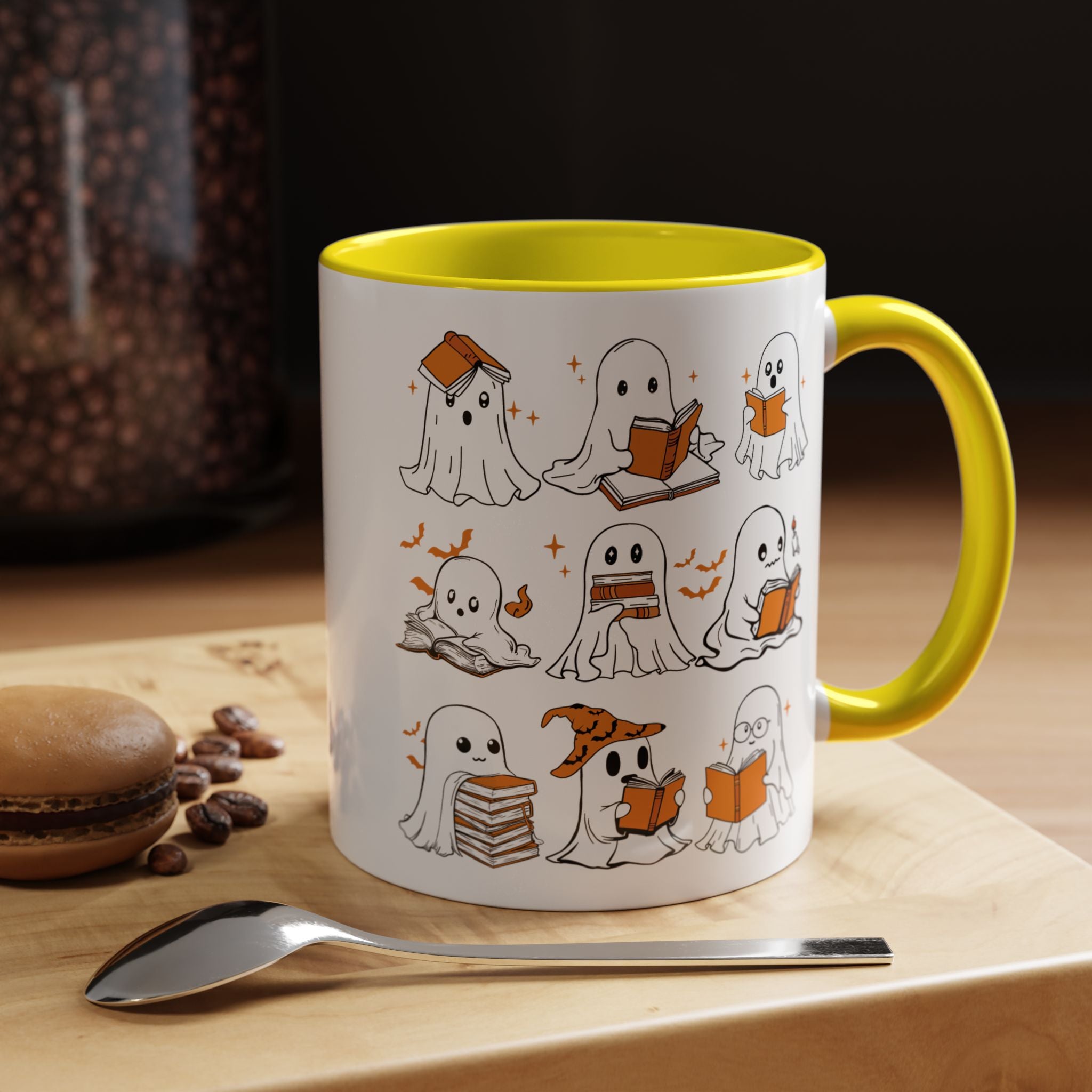 Halloween Ghost Reading Coffee Mug – Cute Spooky Booklover Accent Mug (11/15oz)