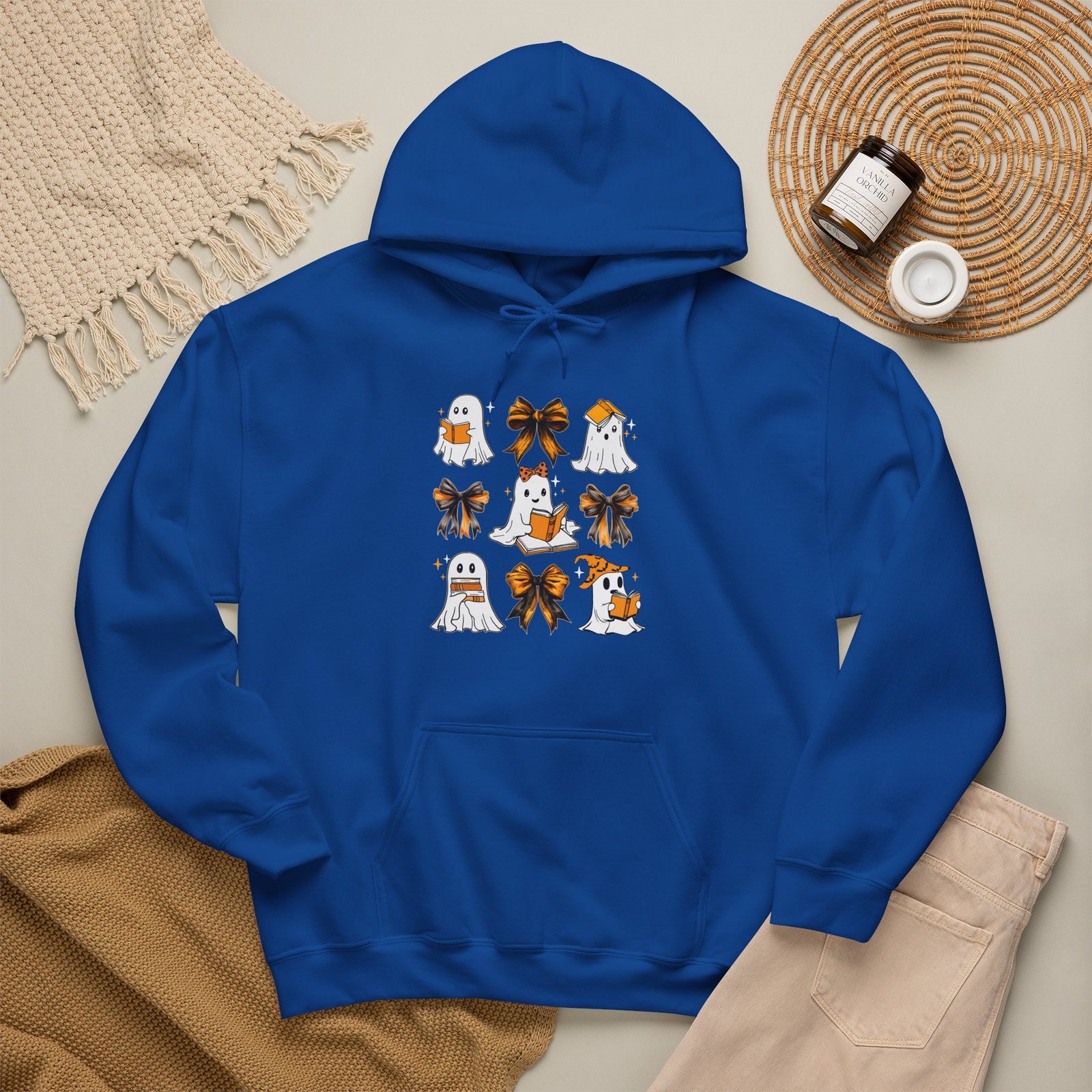 Halloween Ghost Reading Books Hoodie — Cute Ghosts with Orange Coquette Bows Sweatshirt