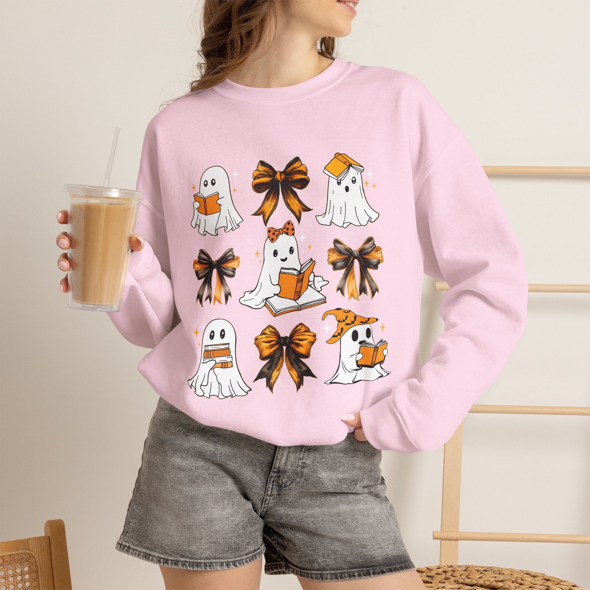 Halloween Ghosts & Bows Sweatshirt — Cute Orange Ghost Crewneck