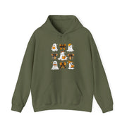 Halloween Ghost Reading Books Hoodie — Cute Ghosts with Orange Coquette Bows Sweatshirt