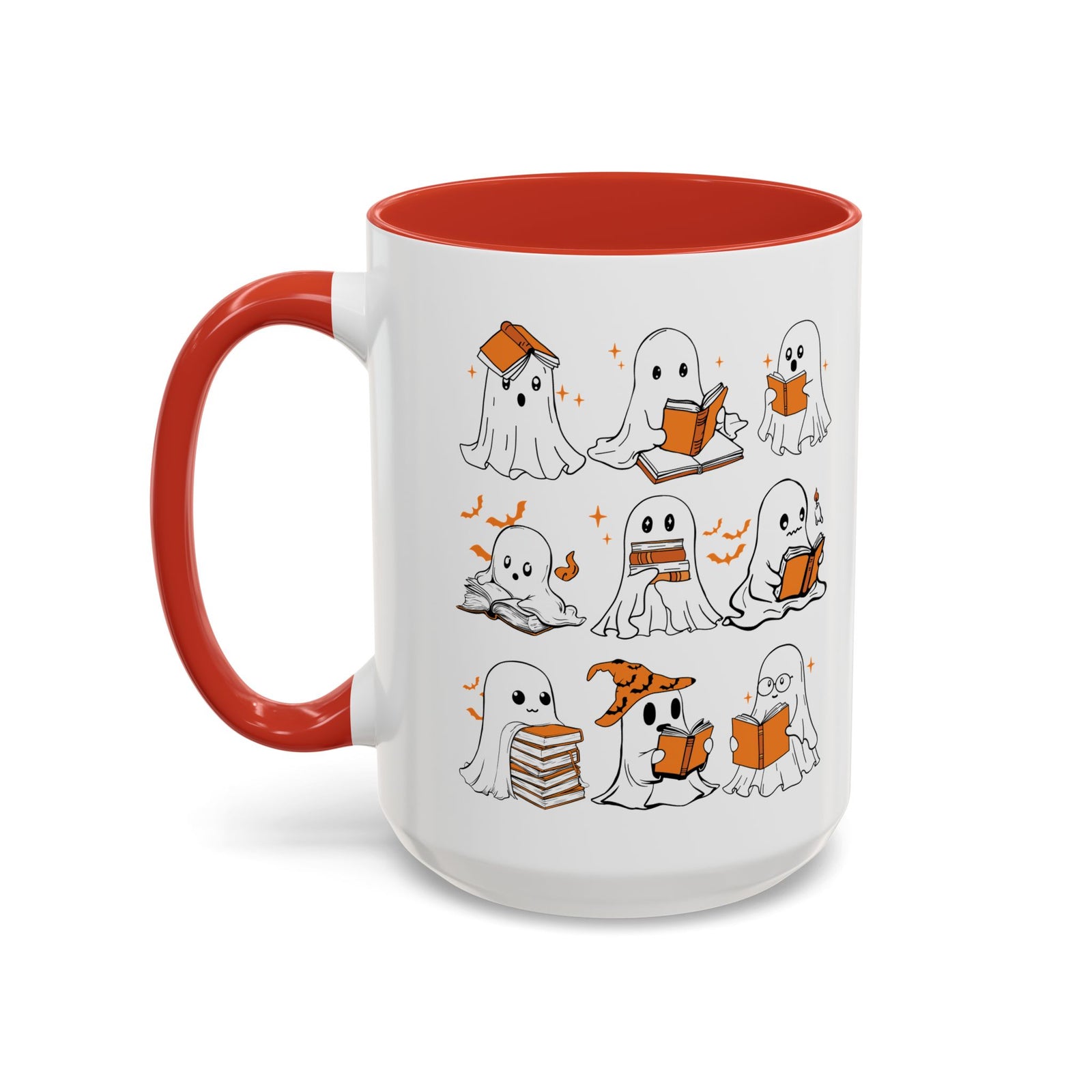 Halloween Ghost Reading Coffee Mug – Cute Spooky Booklover Accent Mug (11/15oz)