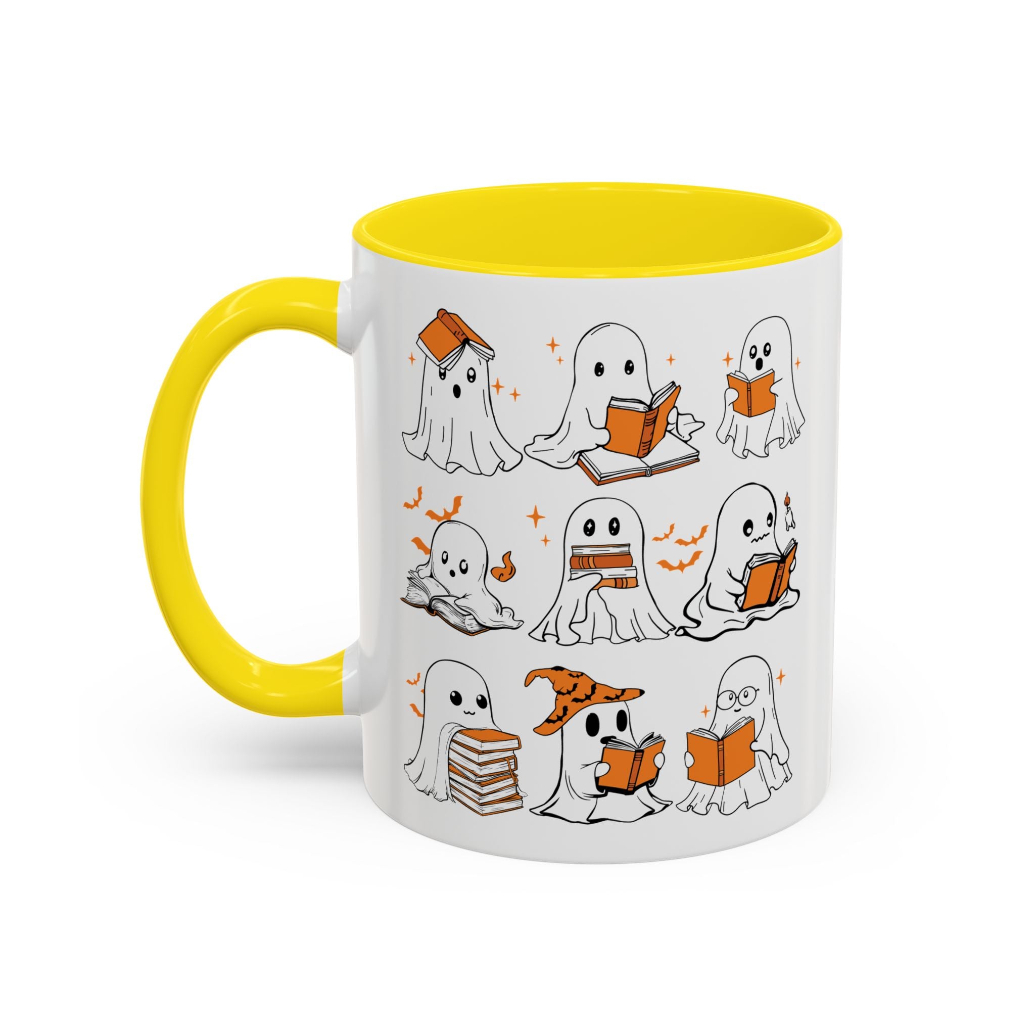 Halloween Ghost Reading Coffee Mug – Cute Spooky Booklover Accent Mug (11/15oz)
