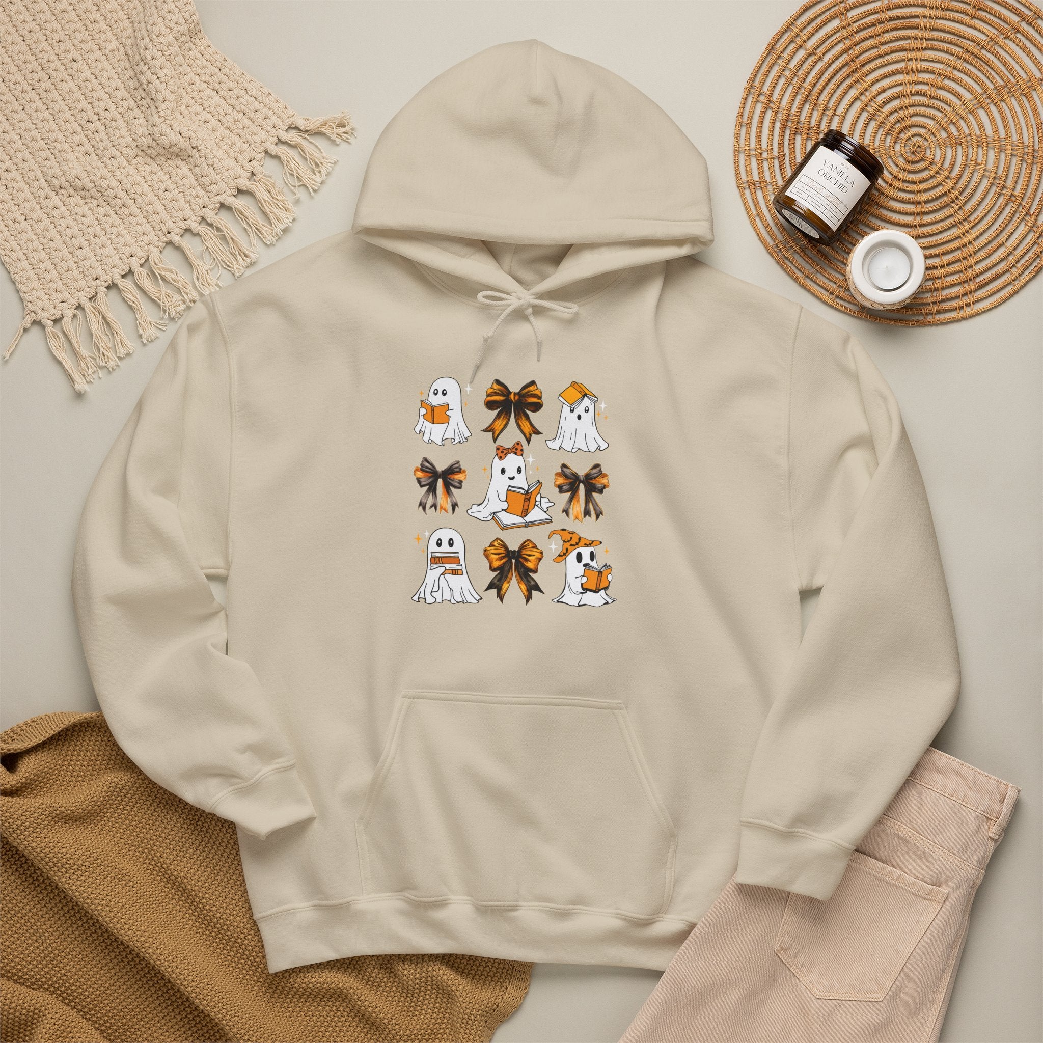 Halloween Ghost Reading Books Hoodie — Cute Ghosts with Orange Coquette Bows Sweatshirt