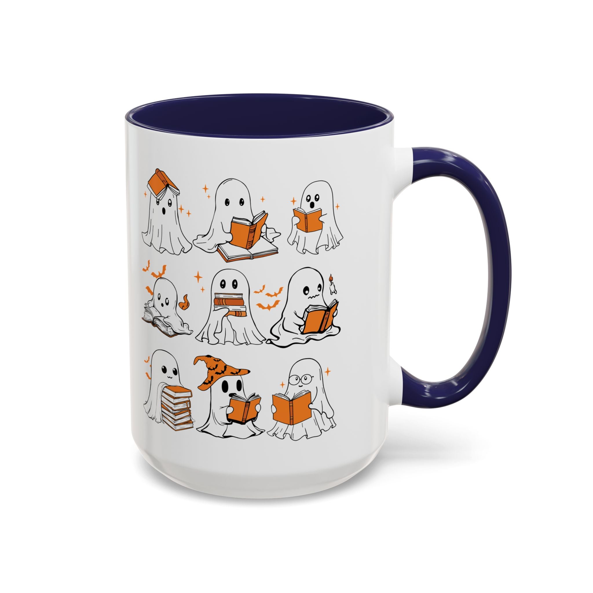 Halloween Ghost Reading Coffee Mug – Cute Spooky Booklover Accent Mug (11/15oz)