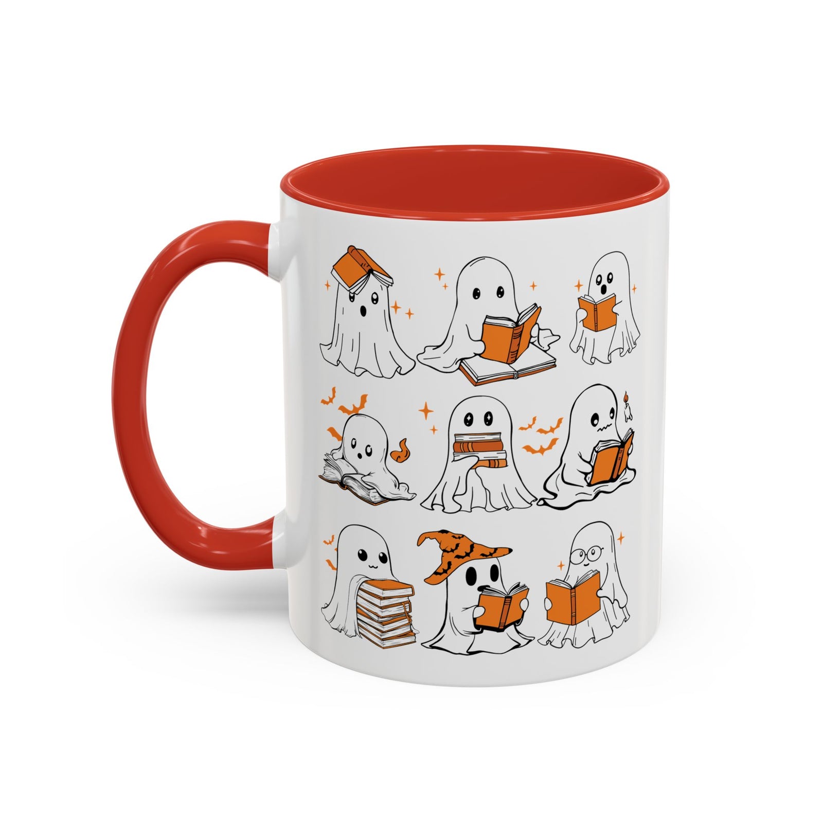 Halloween Ghost Reading Coffee Mug – Cute Spooky Booklover Accent Mug (11/15oz)