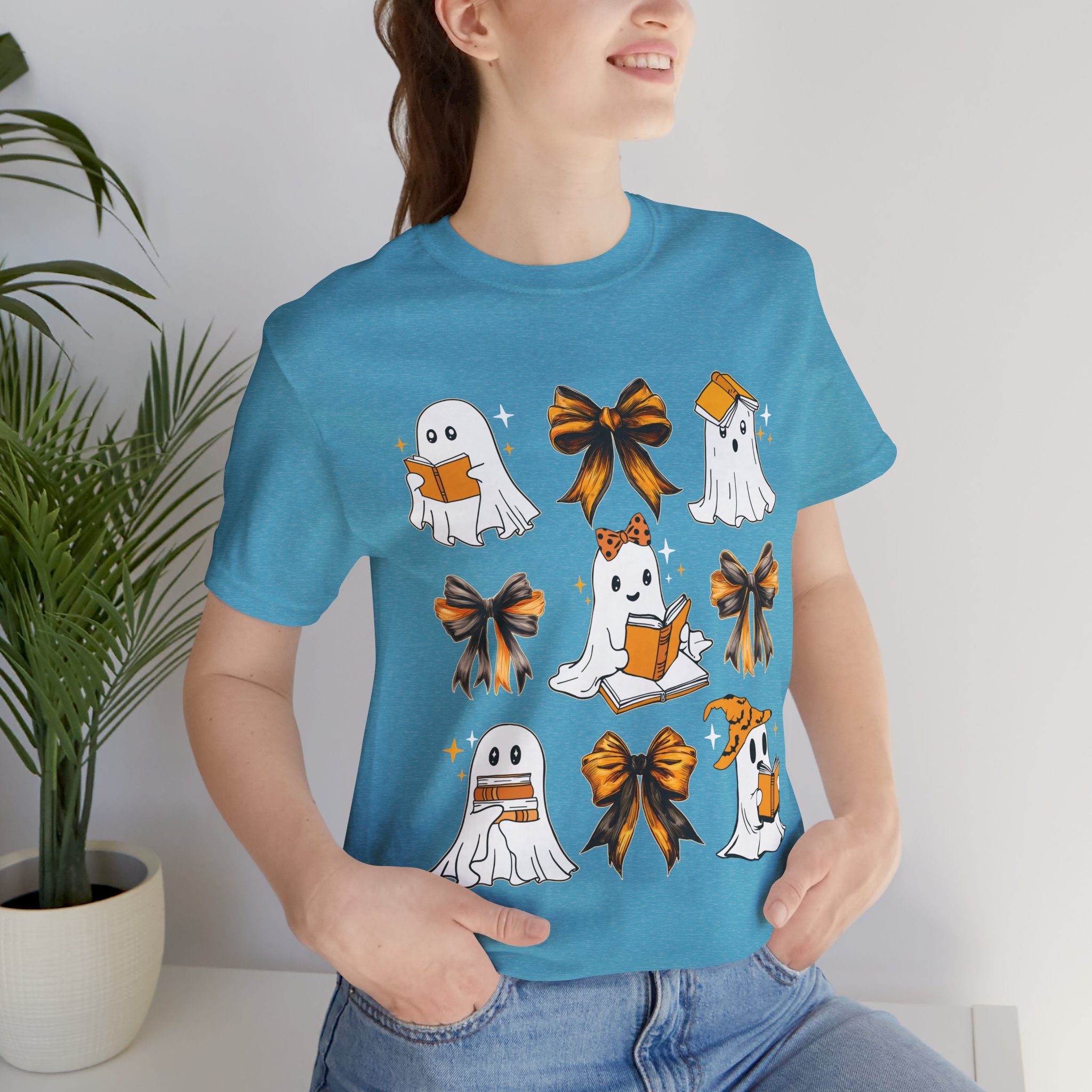 Halloween Ghosts Reading, Funny Halloween Ghost Crew Shirt For Women, Girl, Reading Lover