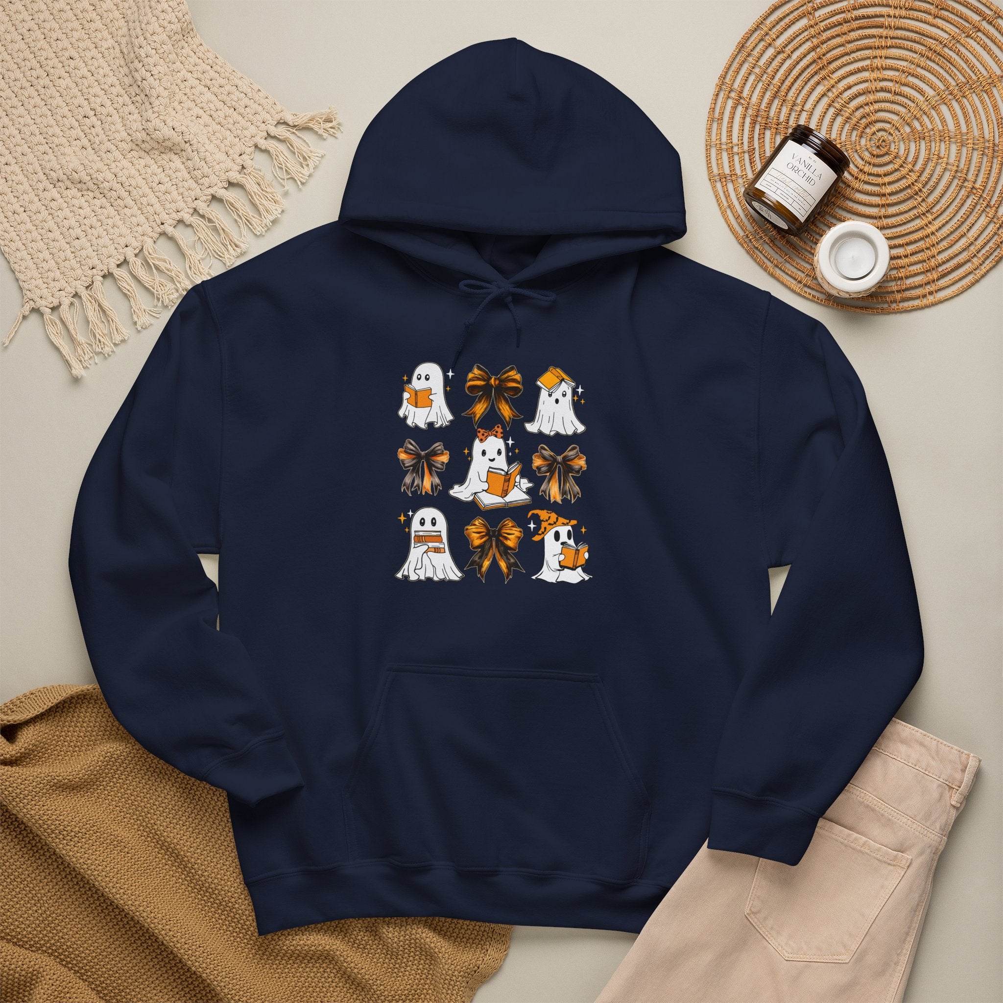 Halloween Ghost Reading Books Hoodie — Cute Ghosts with Orange Coquette Bows Sweatshirt