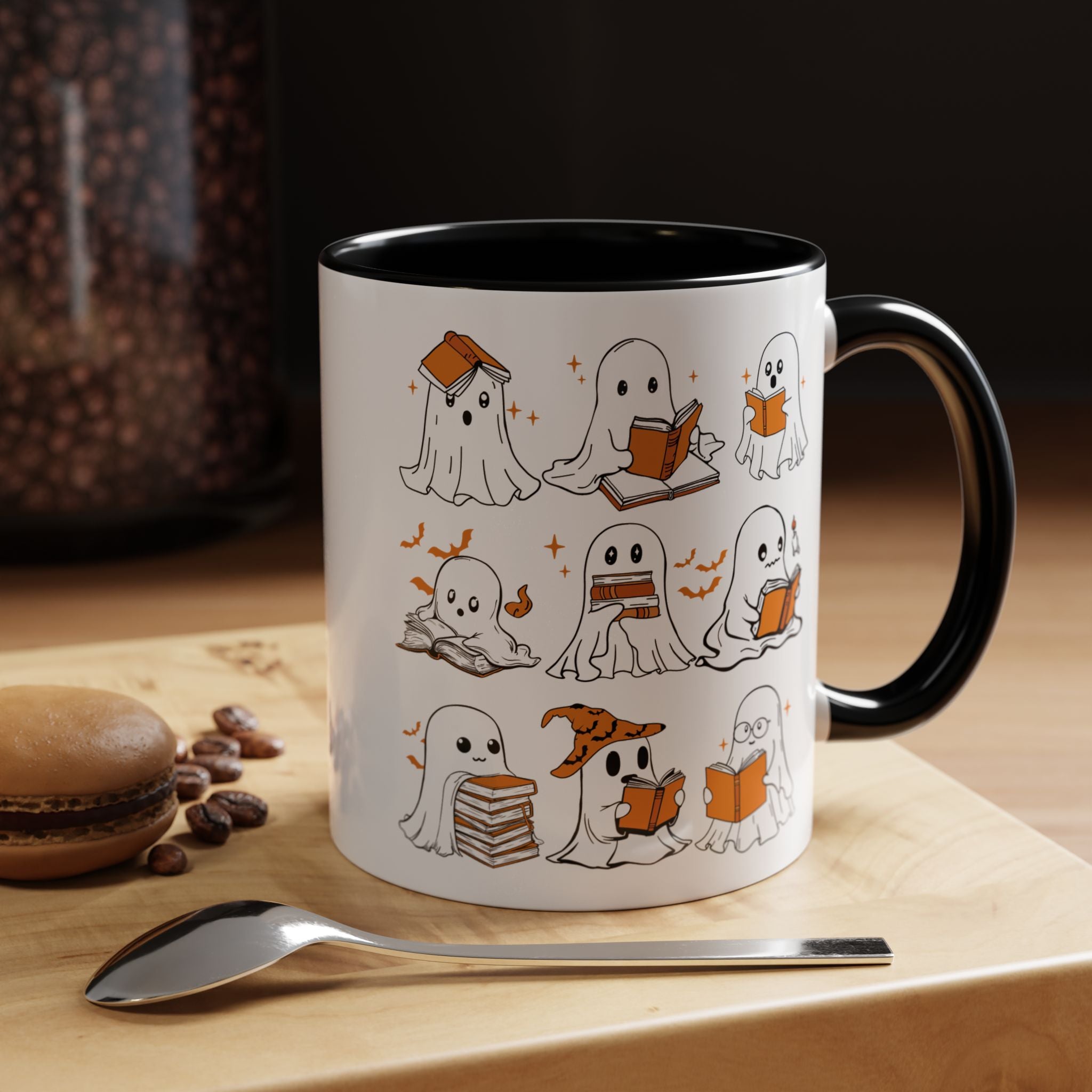 Halloween Ghost Reading Coffee Mug – Cute Spooky Booklover Accent Mug (11/15oz)