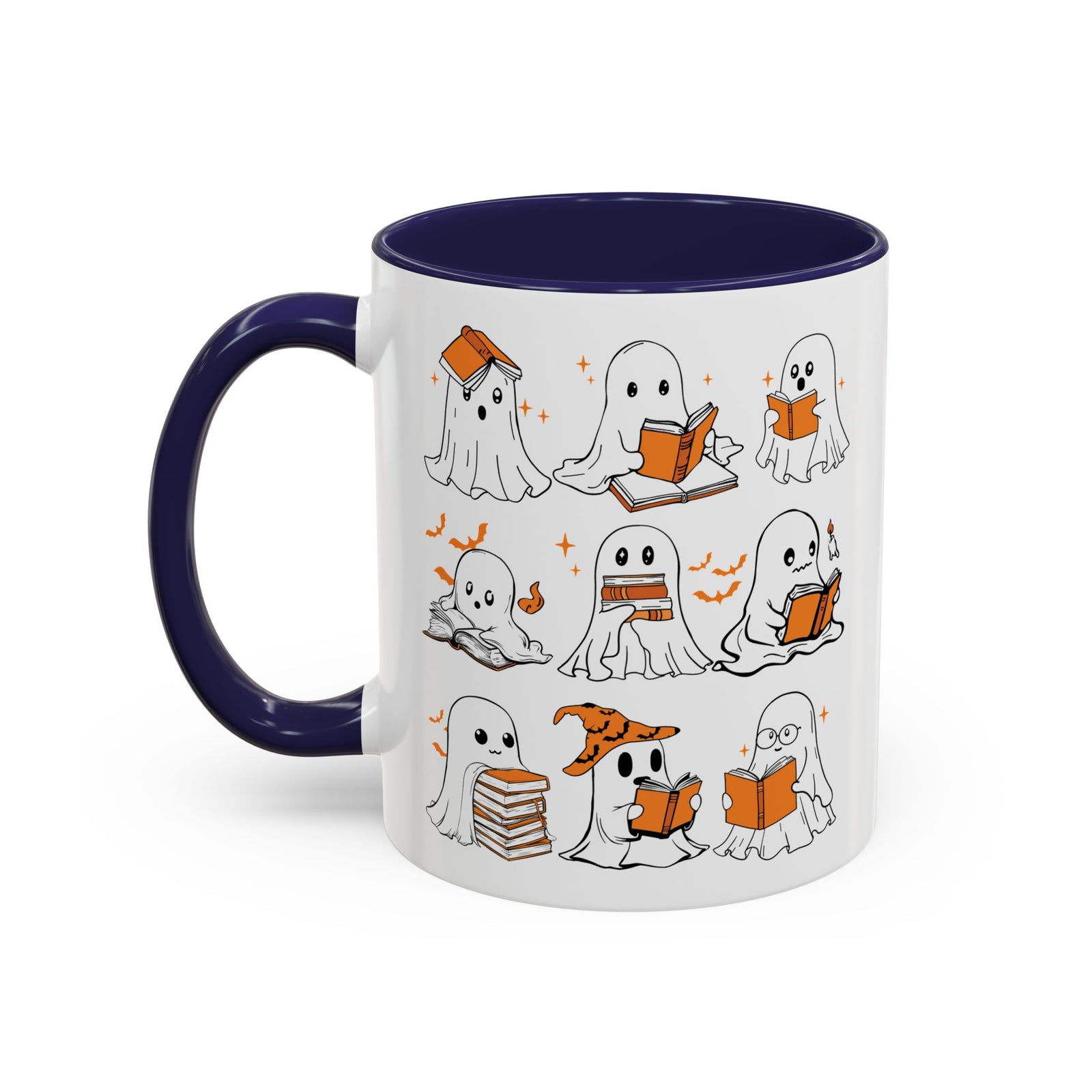 Halloween Ghost Reading Coffee Mug – Cute Spooky Booklover Accent Mug (11/15oz)