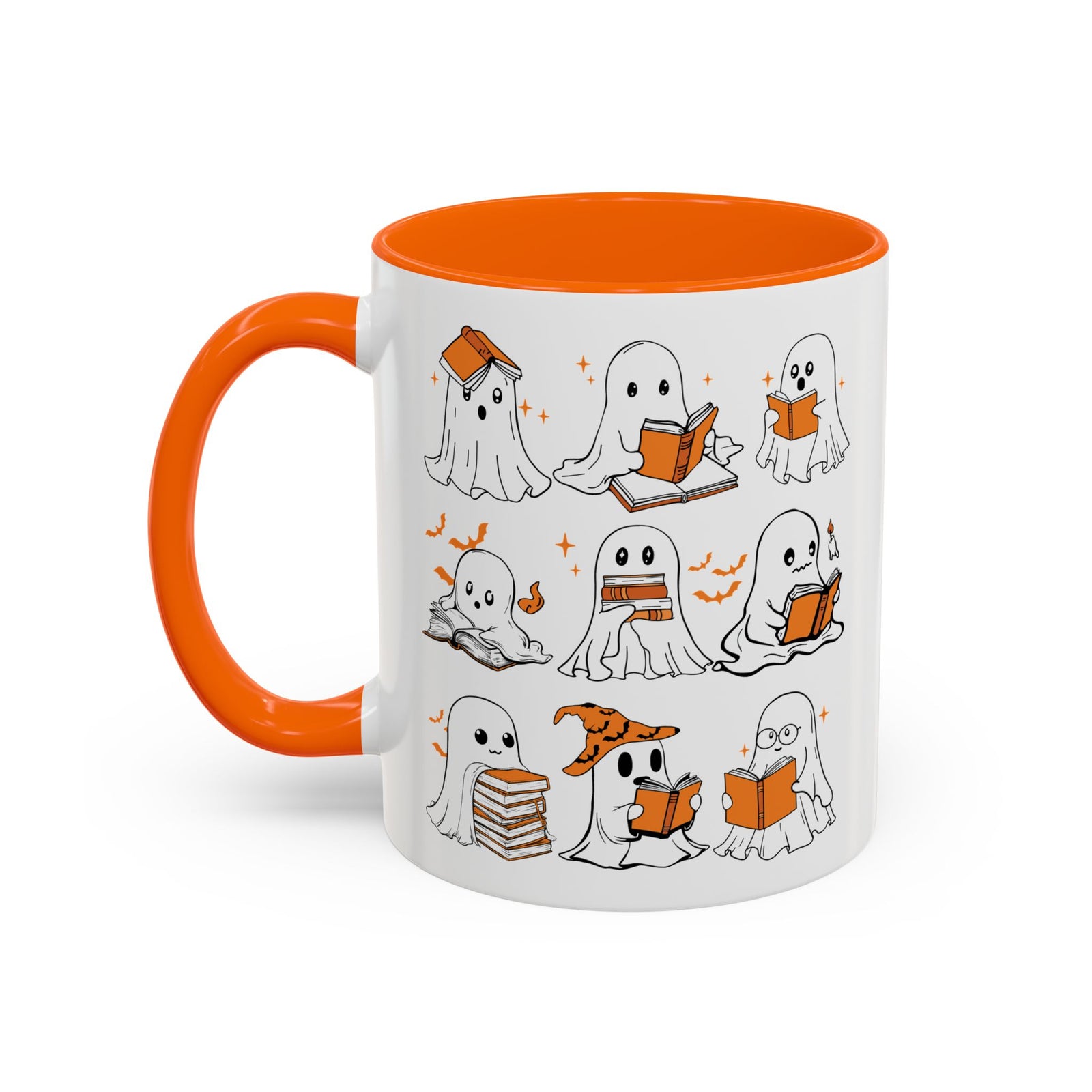 Halloween Ghost Reading Coffee Mug – Cute Spooky Booklover Accent Mug (11/15oz)