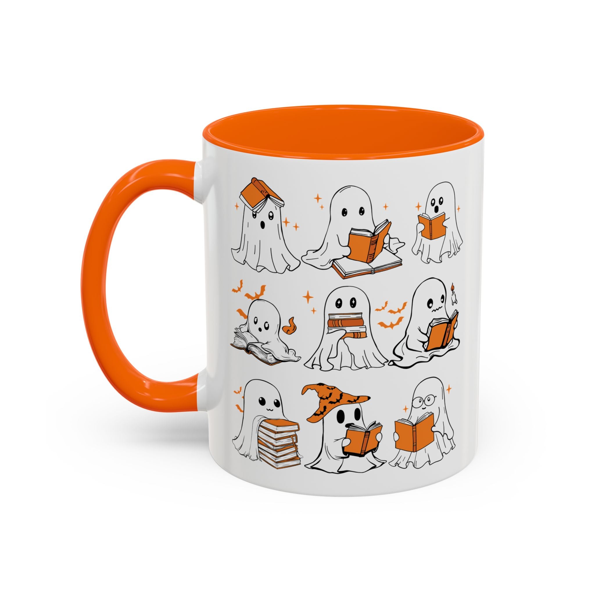 Halloween Ghost Reading Coffee Mug – Cute Spooky Booklover Accent Mug (11/15oz)