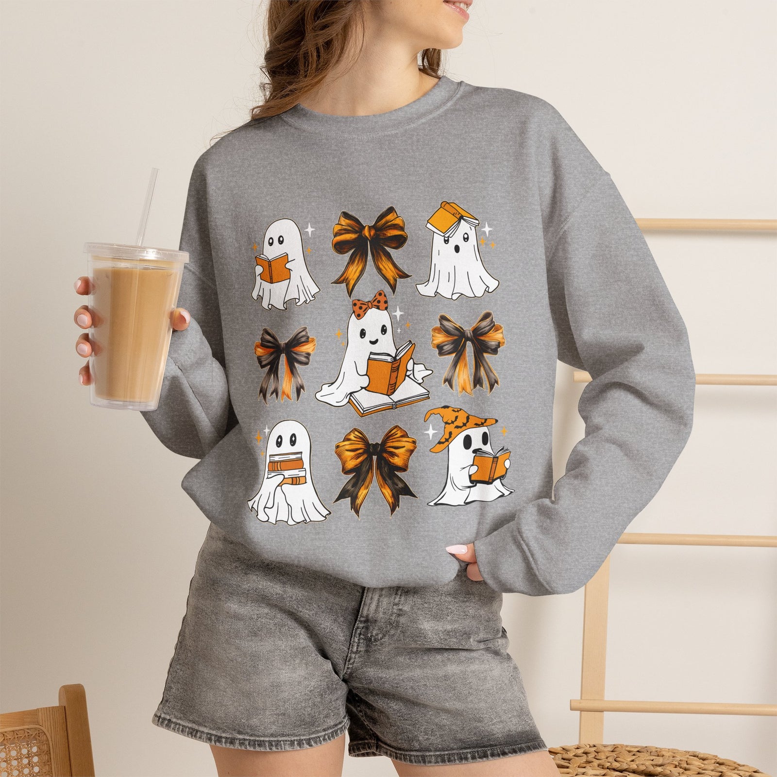 Halloween Ghosts & Bows Sweatshirt — Cute Orange Ghost Crewneck