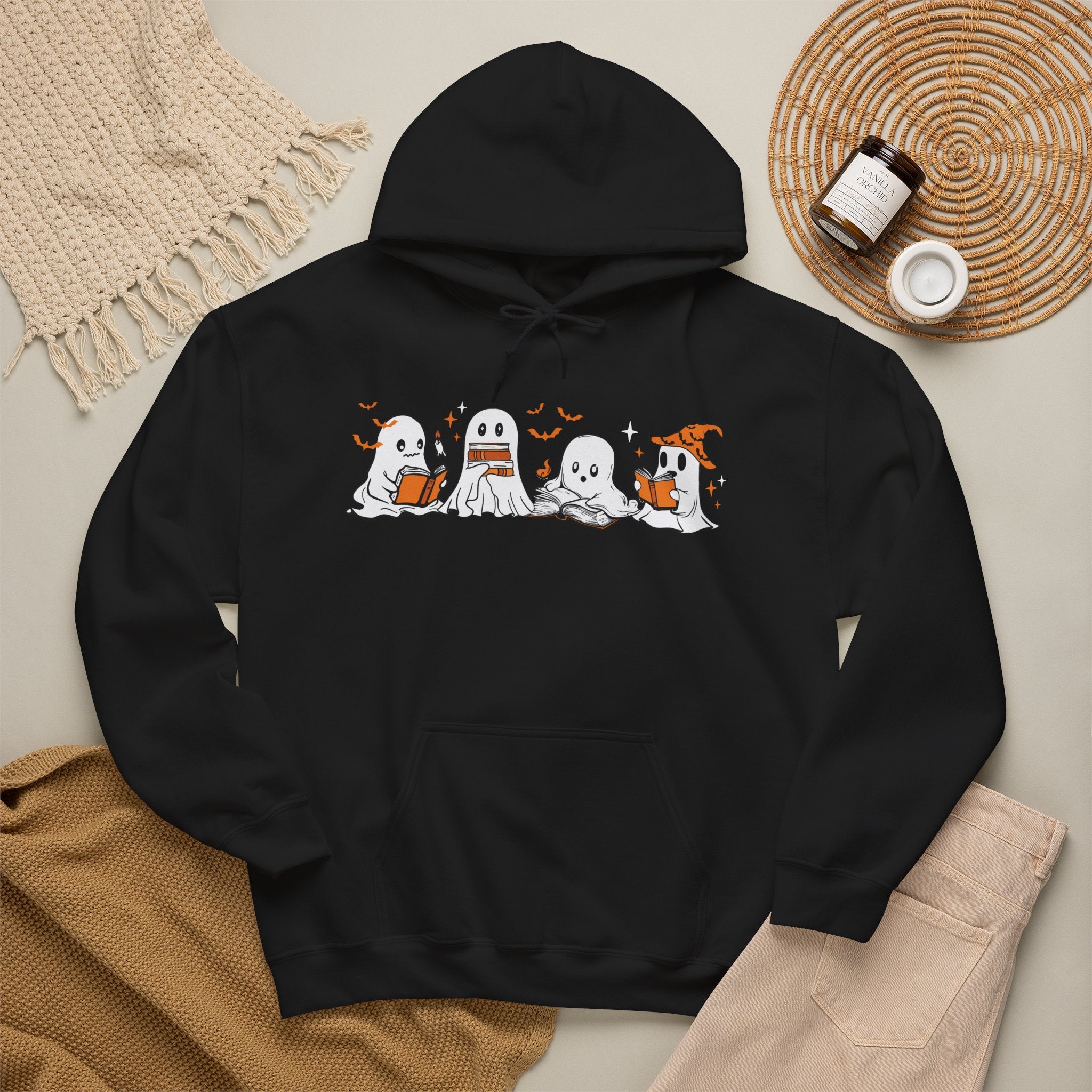 Ghosts Reading Hoodie, Cute Halloween Book Club Cotton Sweatshirt