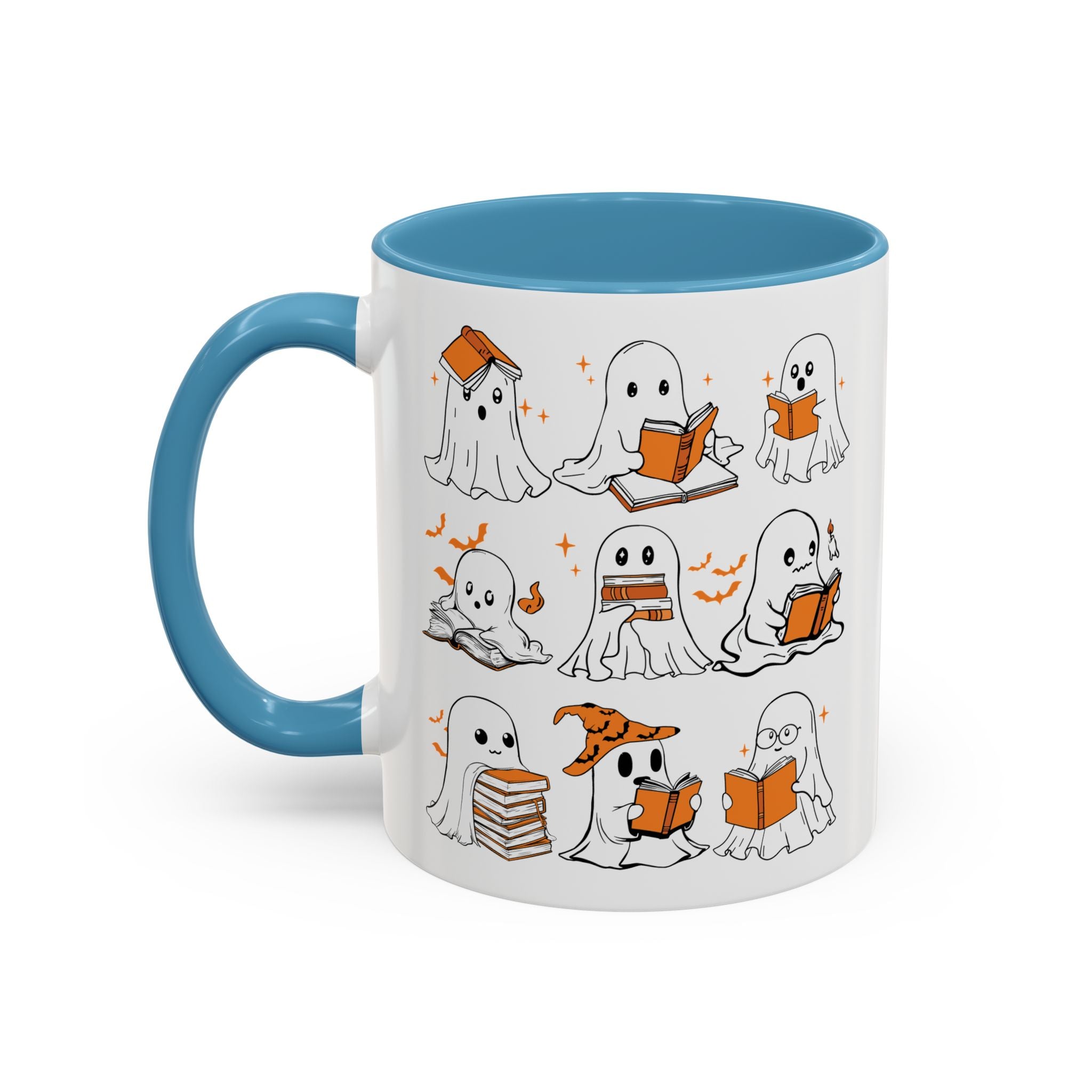 Halloween Ghost Reading Coffee Mug – Cute Spooky Booklover Accent Mug (11/15oz)