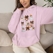 Halloween Ghost Reading Books Hoodie — Cute Ghosts with Orange Coquette Bows Sweatshirt
