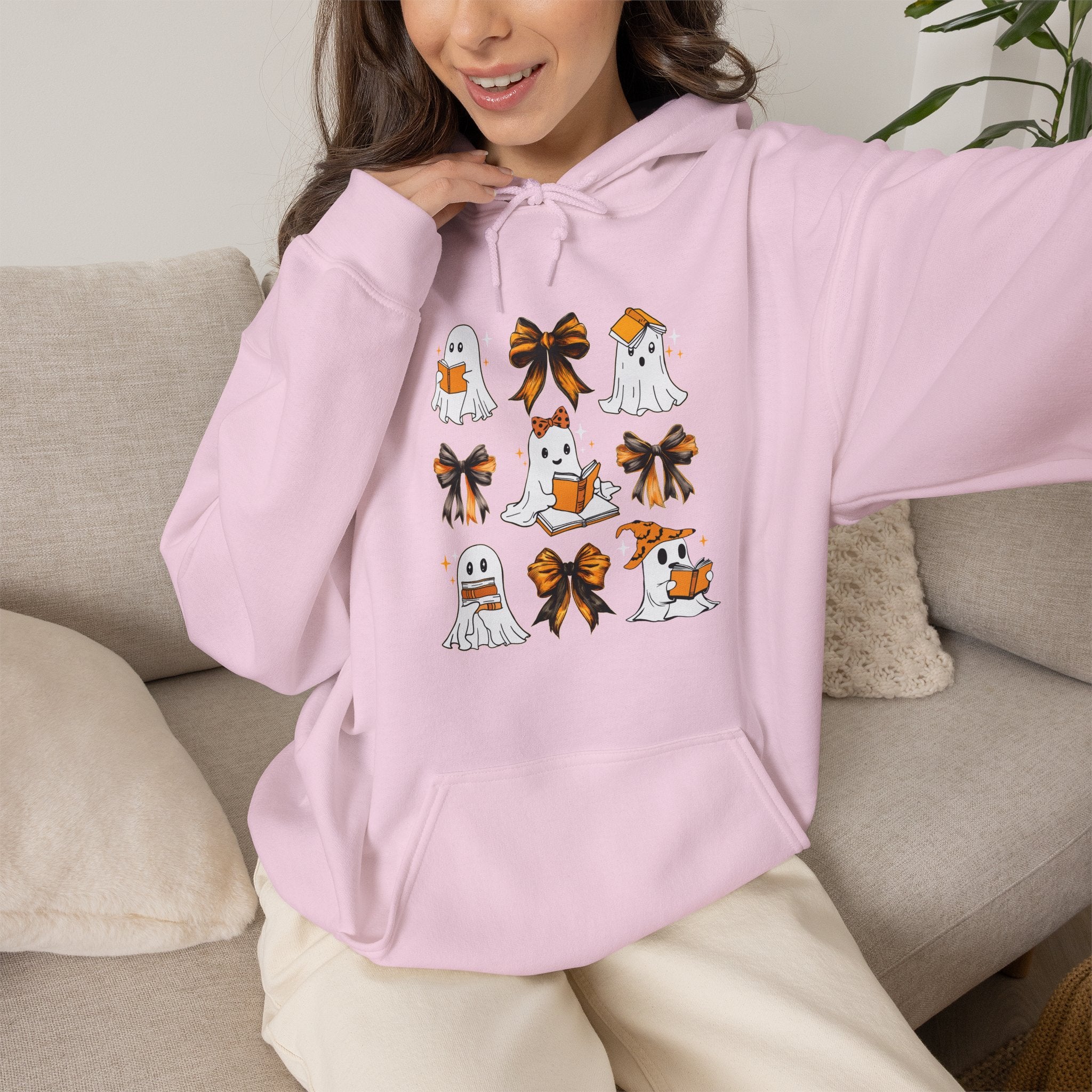 Halloween Ghost Reading Books Hoodie — Cute Ghosts with Orange Coquette Bows Sweatshirt