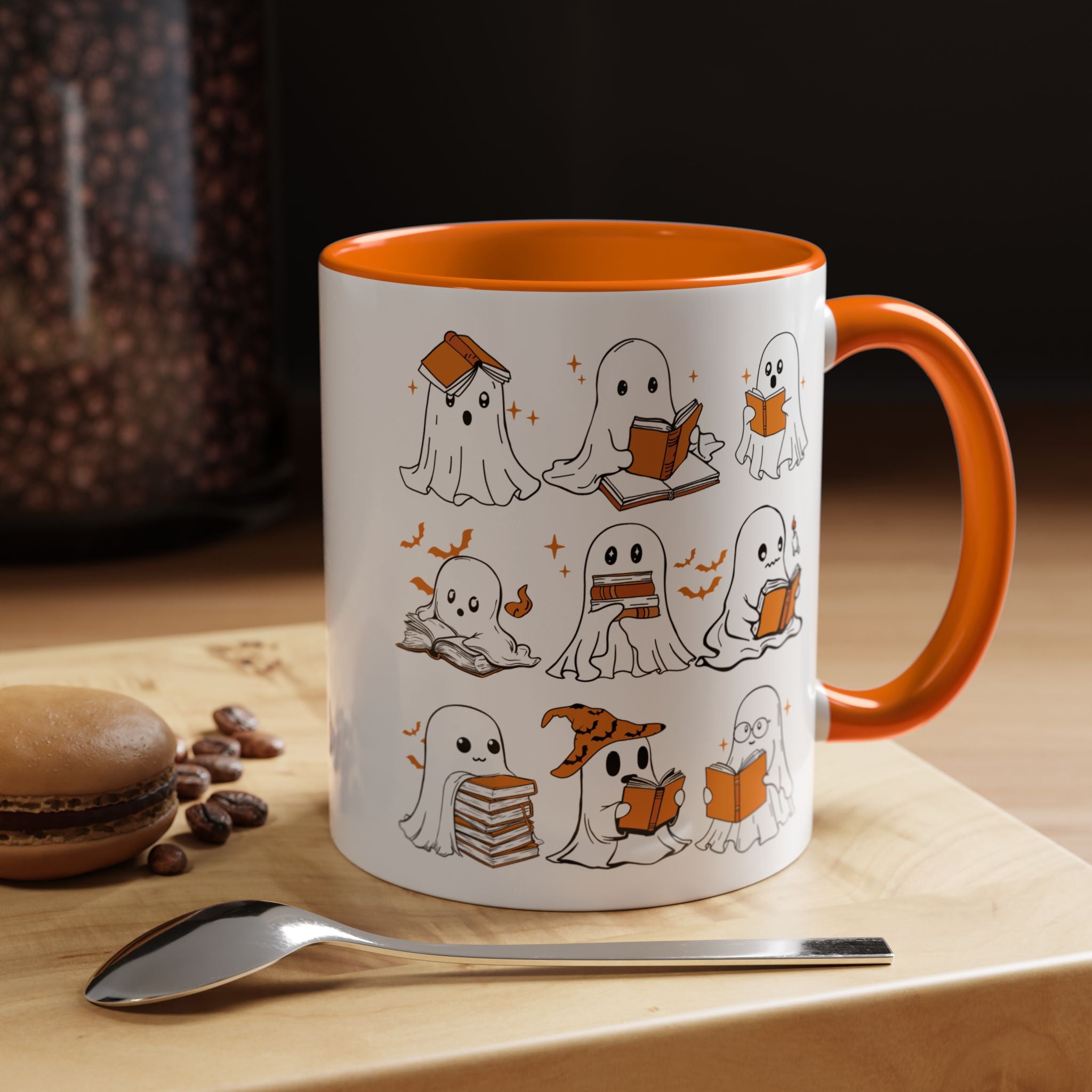 Halloween Ghost Reading Coffee Mug – Cute Spooky Booklover Accent Mug (11/15oz)