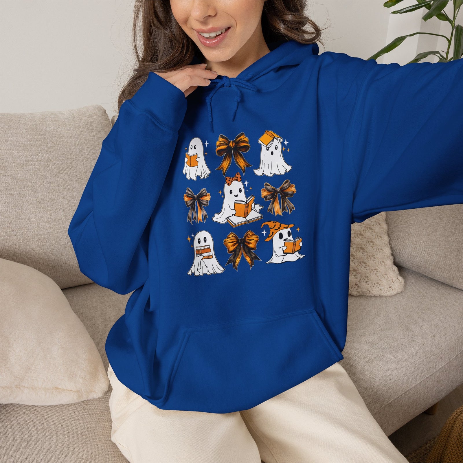 Halloween Ghost Reading Books Hoodie — Cute Ghosts with Orange Coquette Bows Sweatshirt