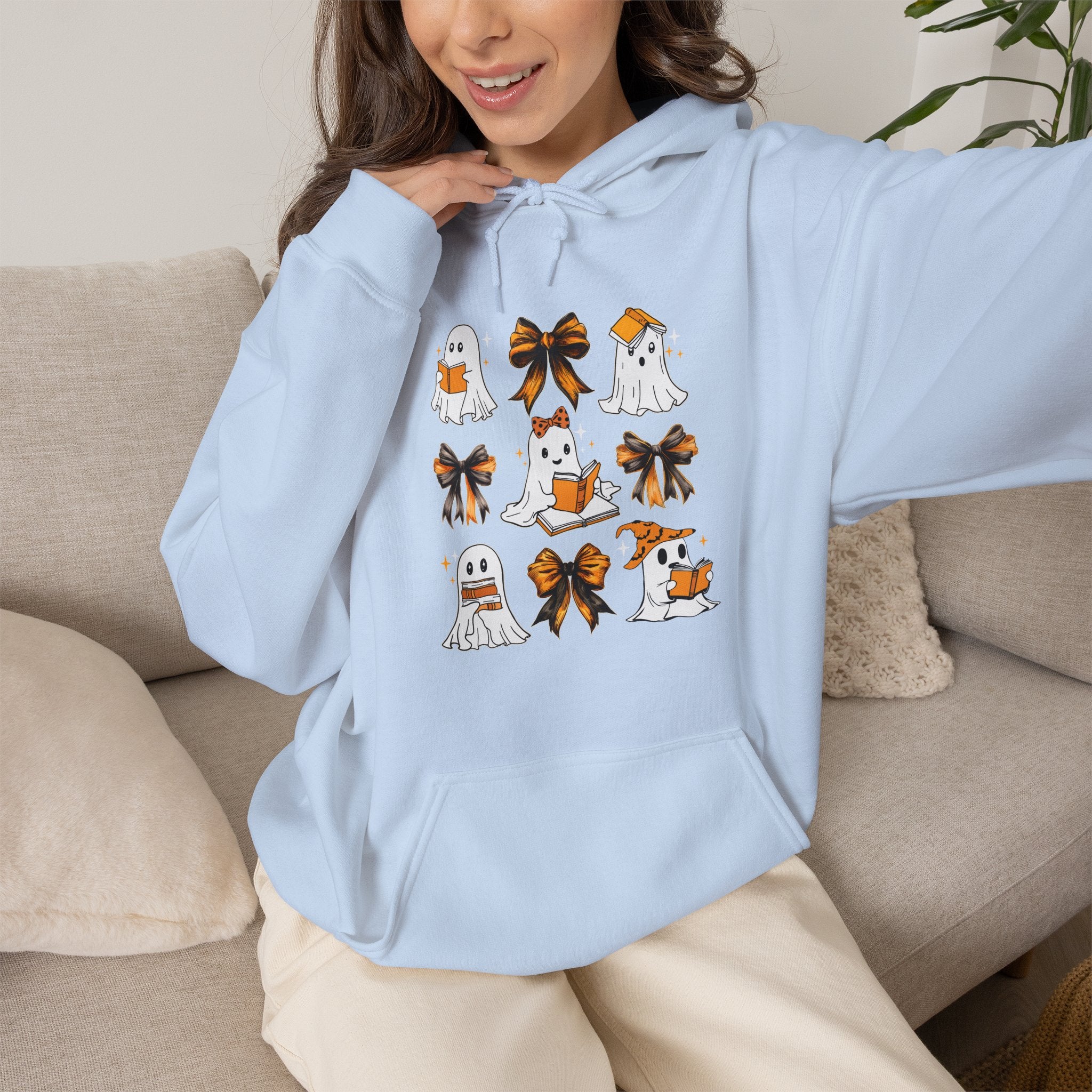 Halloween Ghost Reading Books Hoodie — Cute Ghosts with Orange Coquette Bows Sweatshirt