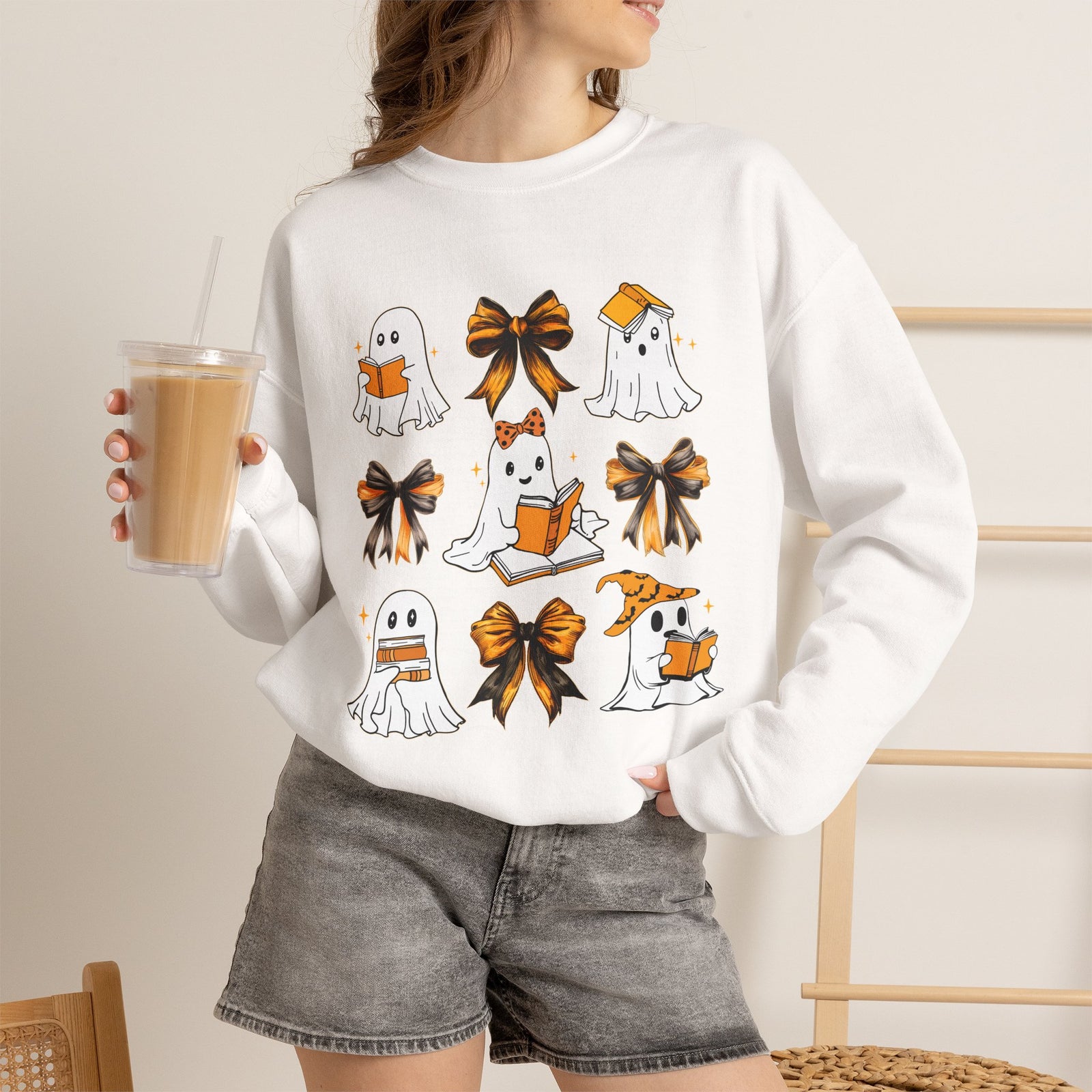 Halloween Ghosts & Bows Sweatshirt — Cute Orange Ghost Crewneck