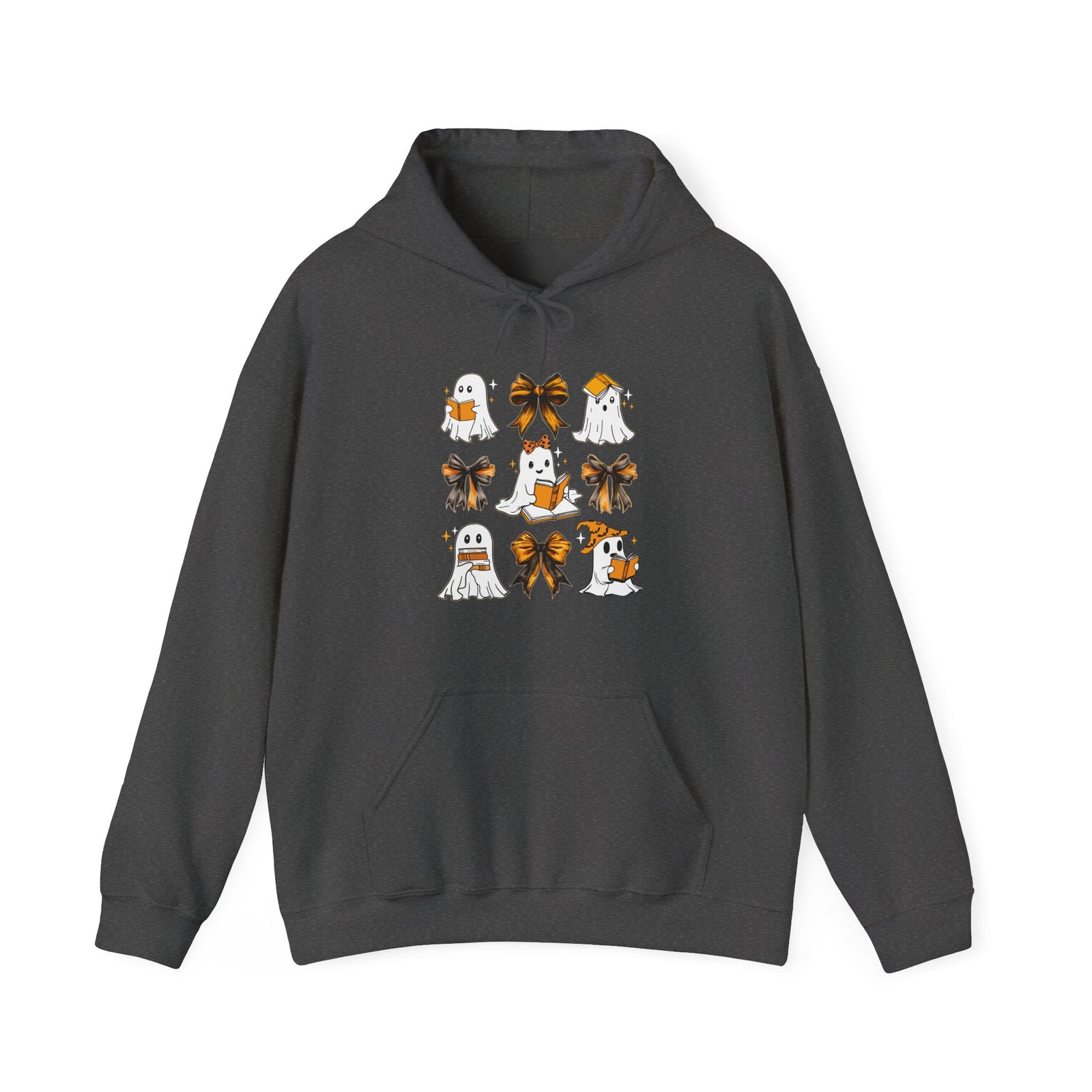 Halloween Ghost Reading Books Hoodie — Cute Ghosts with Orange Coquette Bows Sweatshirt