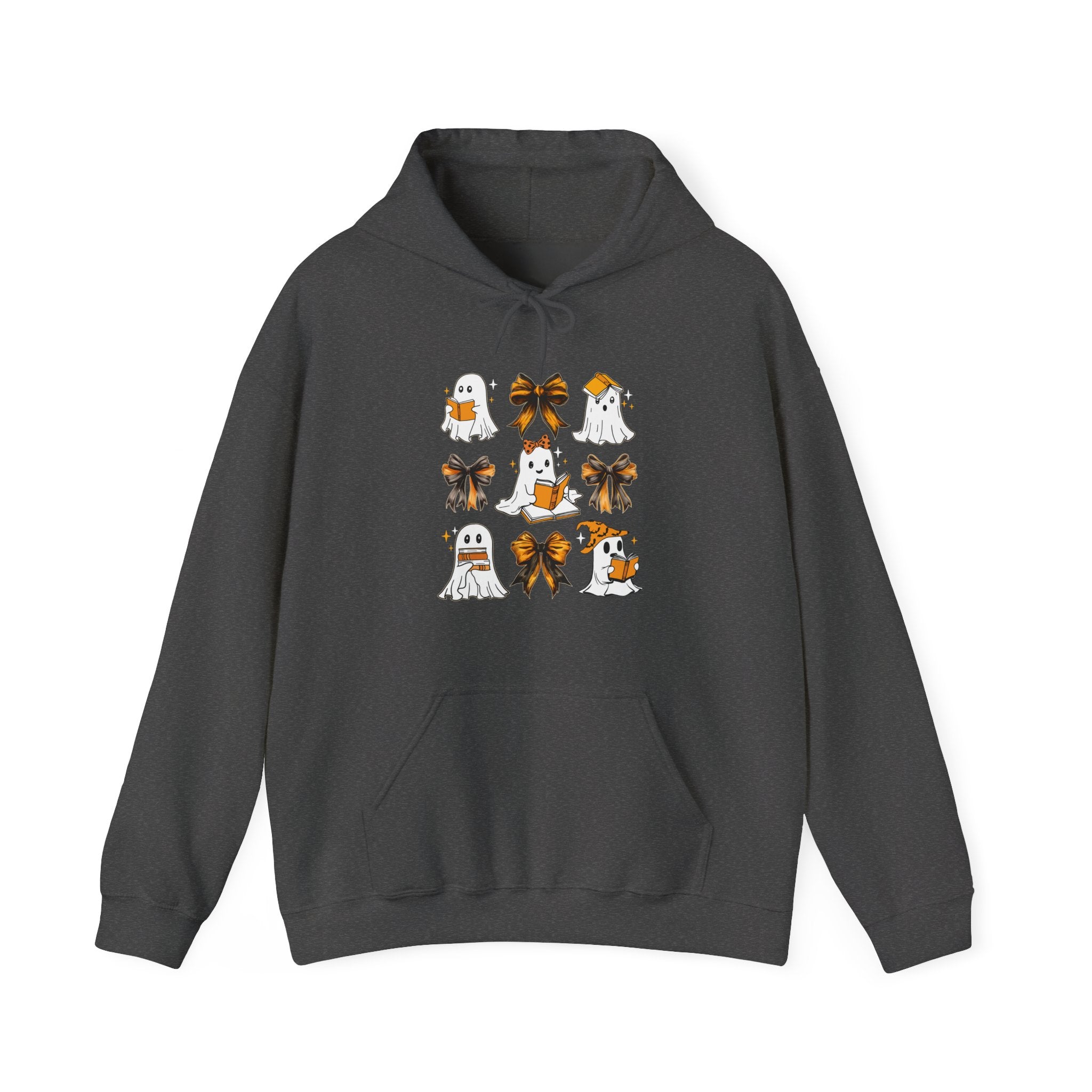 Halloween Ghost Reading Books Hoodie — Cute Ghosts with Orange Coquette Bows Sweatshirt