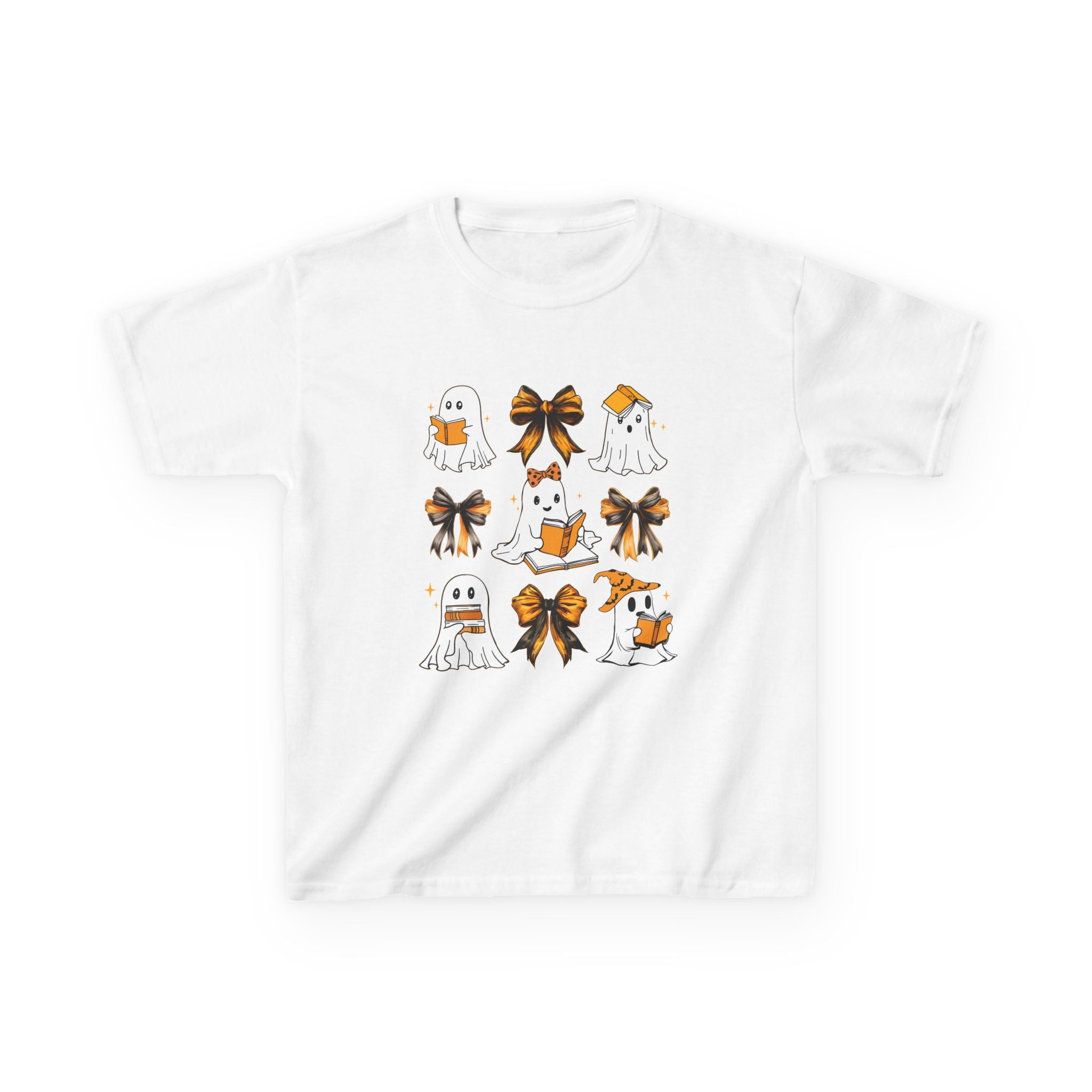 Kids Halloween Ghosts T‑Shirt — Cute Ghosts & Orange Bows Kids Tee