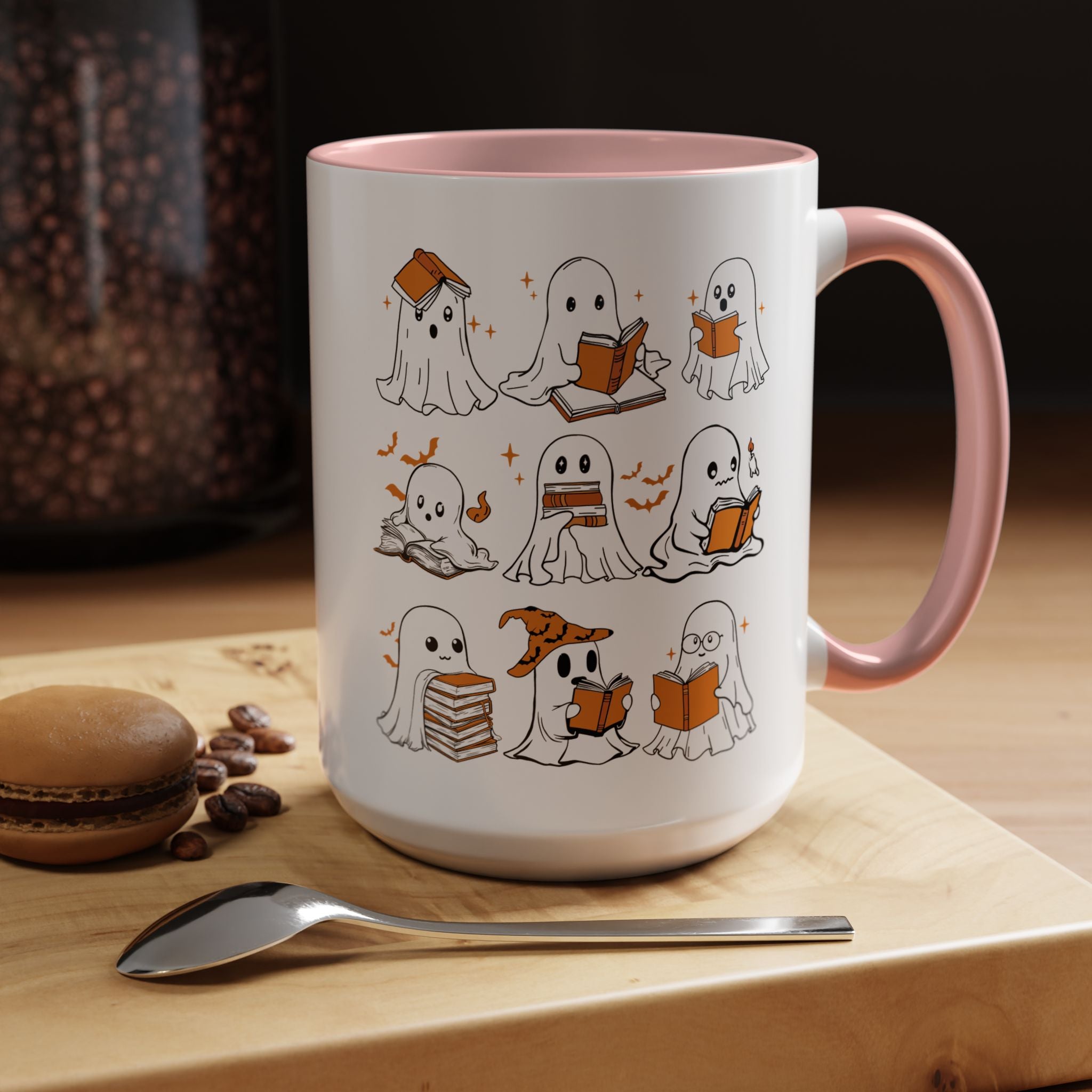 Halloween Ghost Reading Coffee Mug – Cute Spooky Booklover Accent Mug (11/15oz)