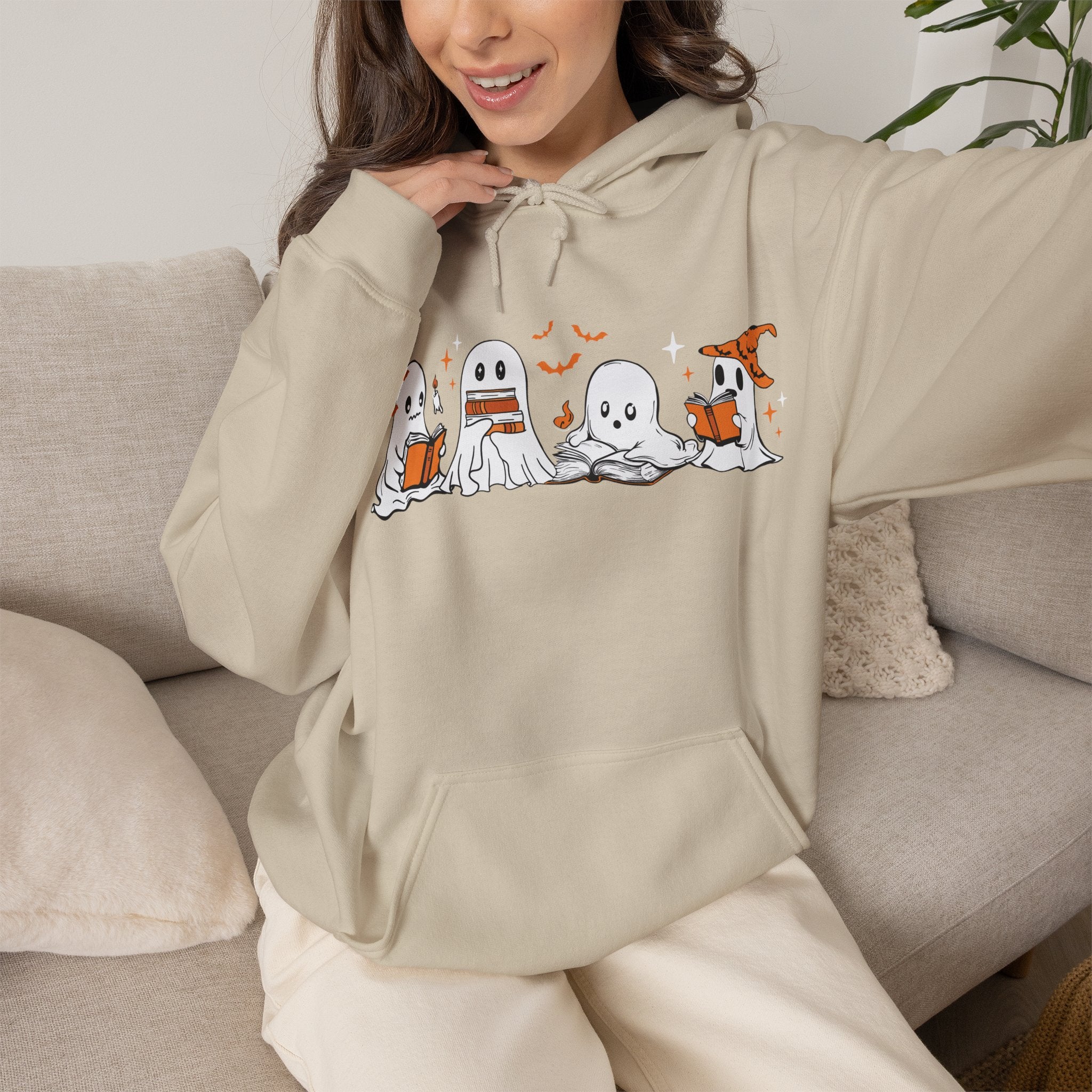 Ghosts Reading Hoodie, Cute Halloween Book Club Cotton Sweatshirt