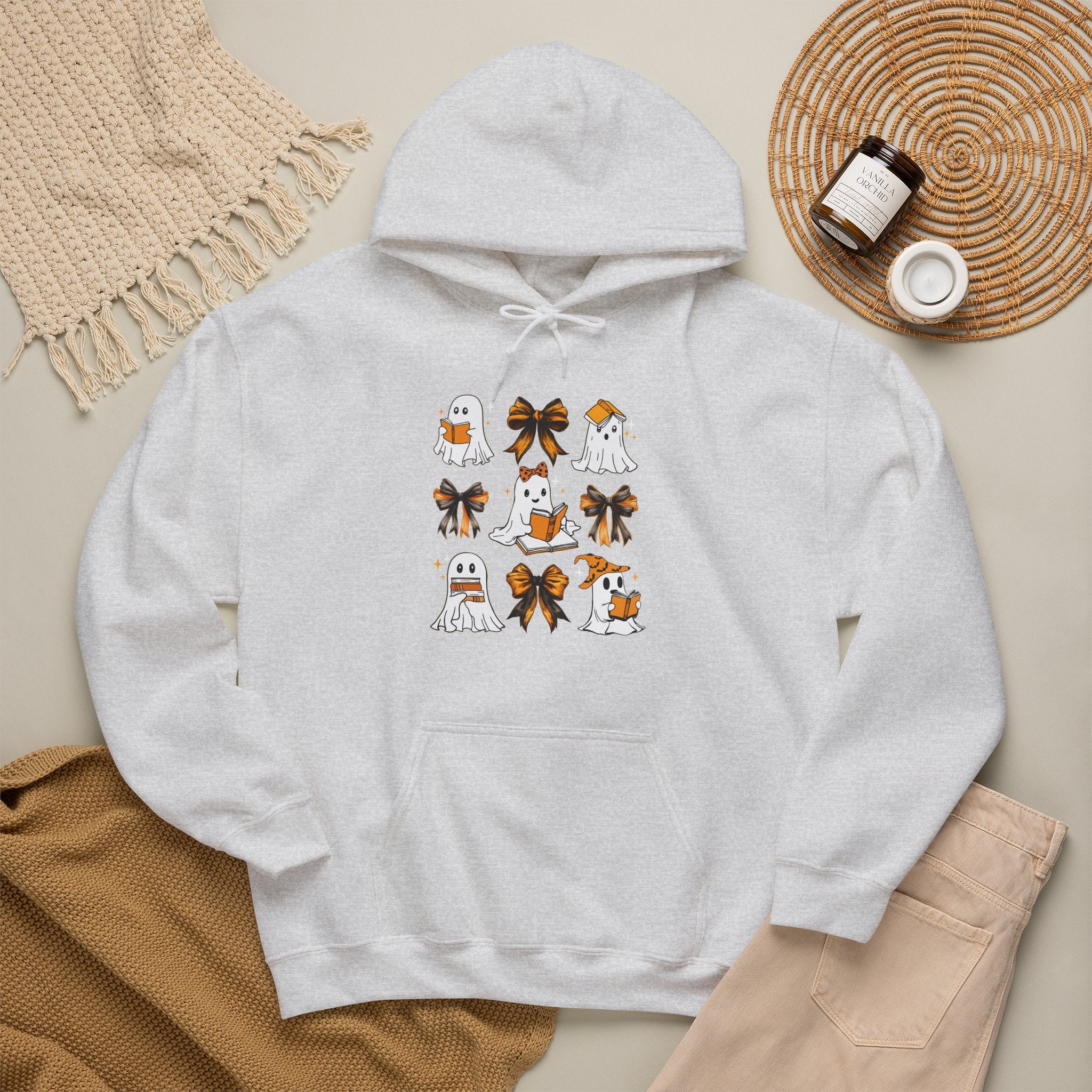 Halloween Ghost Reading Books Hoodie — Cute Ghosts with Orange Coquette Bows Sweatshirt