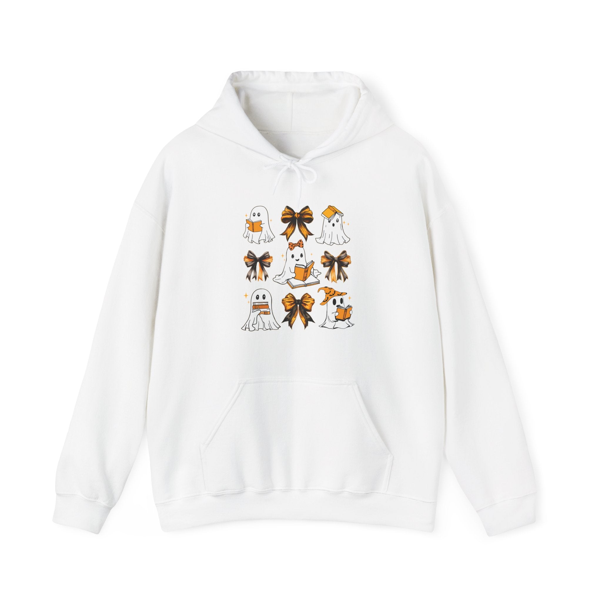 Halloween Ghost Reading Books Hoodie — Cute Ghosts with Orange Coquette Bows Sweatshirt
