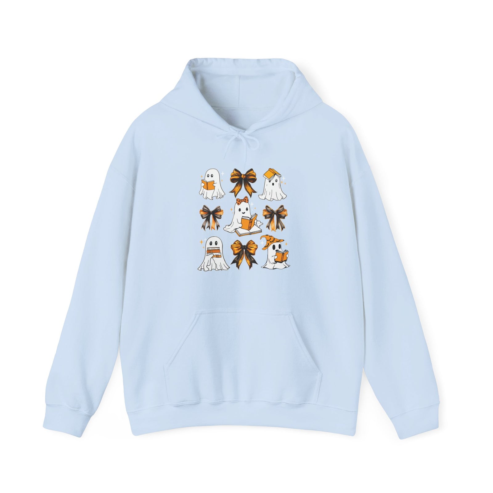 Halloween Ghost Reading Books Hoodie — Cute Ghosts with Orange Coquette Bows Sweatshirt