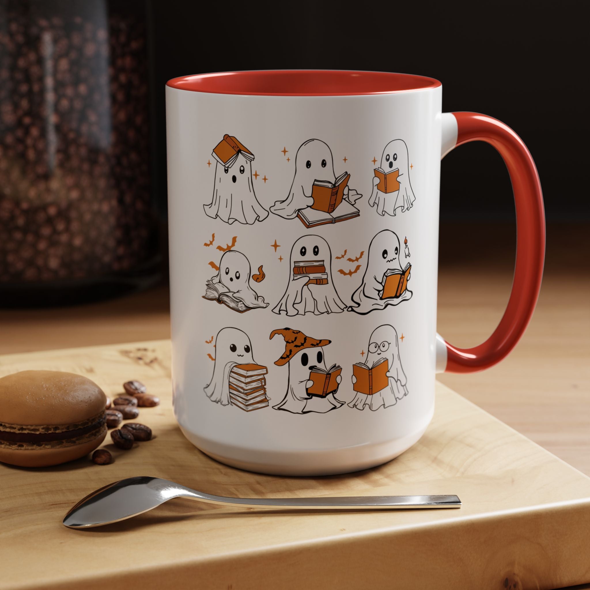 Halloween Ghost Reading Coffee Mug – Cute Spooky Booklover Accent Mug (11/15oz)