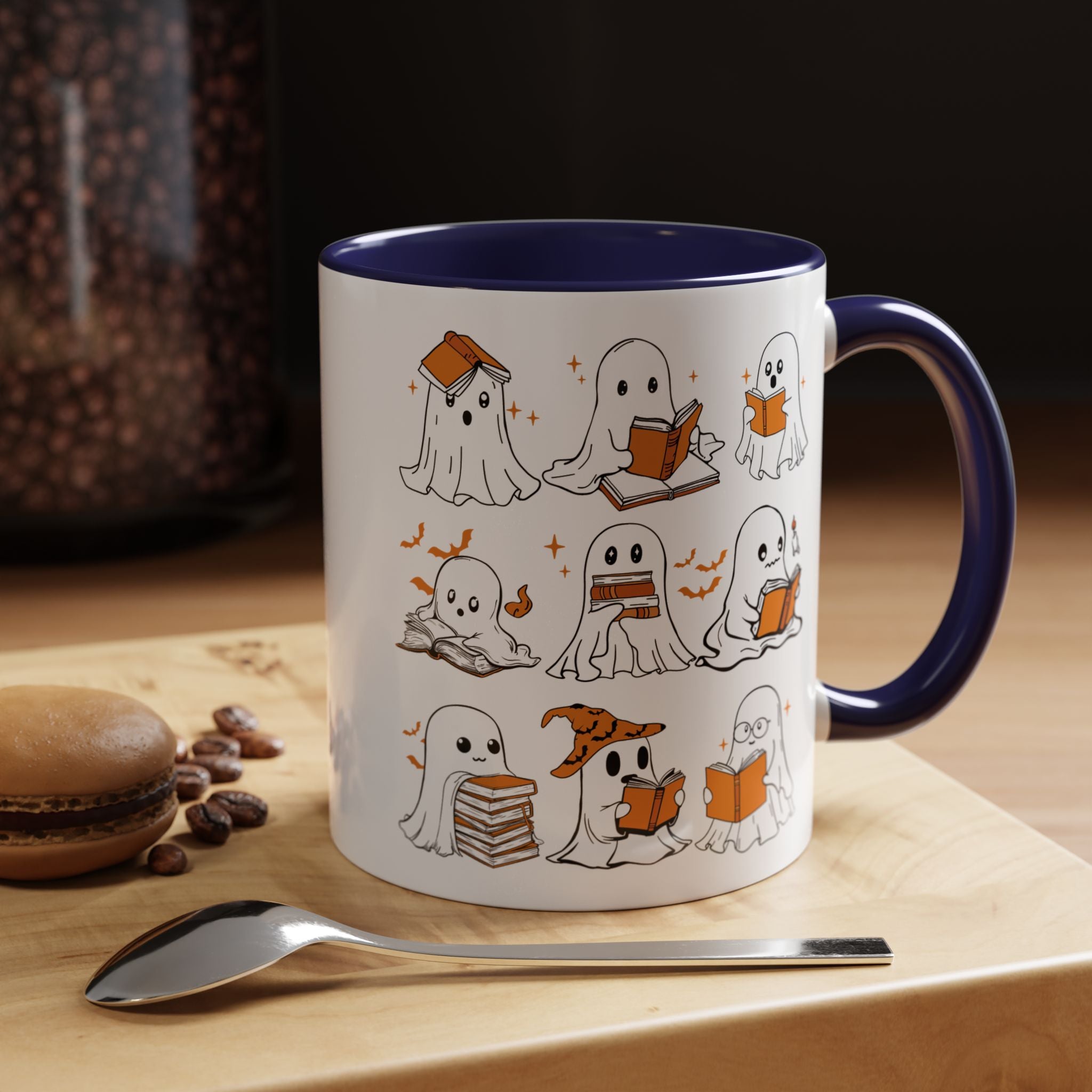 Halloween Ghost Reading Coffee Mug – Cute Spooky Booklover Accent Mug (11/15oz)