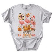 Happy Hallothanksmas Xmas Halloween Thanksgiving Flamingo T-Shirt-Z6VO