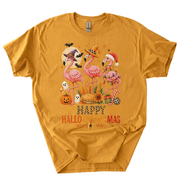 Happy Hallothanksmas Xmas Halloween Thanksgiving Flamingo T-Shirt-Z6VO