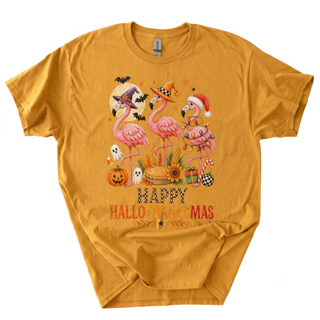 Happy Hallothanksmas Xmas Halloween Thanksgiving Flamingo T-Shirt-Z6VO