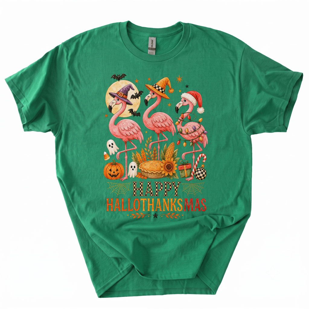Happy Hallothanksmas Xmas Halloween Thanksgiving Flamingo T-Shirt-Z6VO