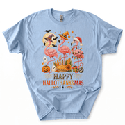Happy Hallothanksmas Xmas Halloween Thanksgiving Flamingo T-Shirt-Z6VO