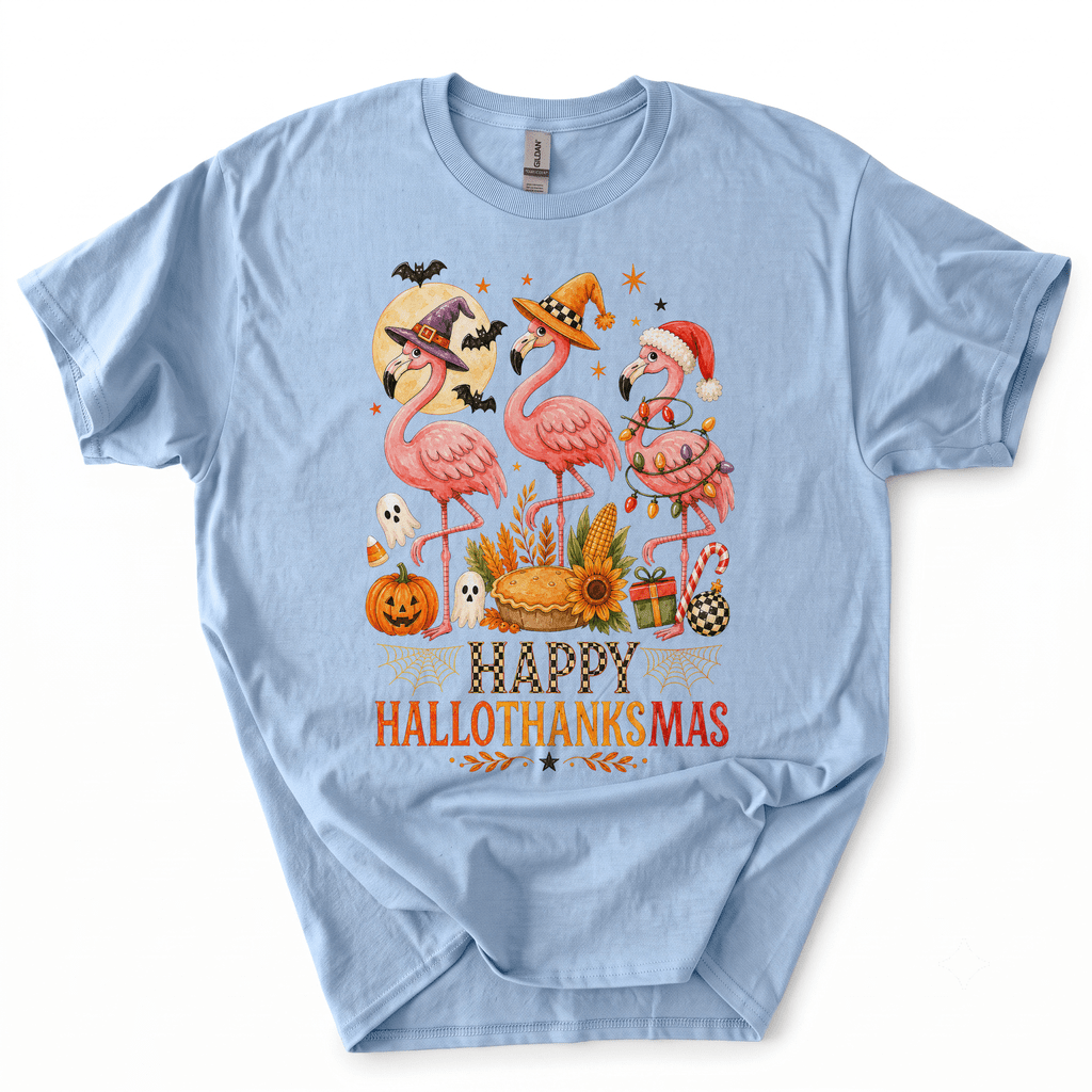 Happy Hallothanksmas Xmas Halloween Thanksgiving Flamingo T-Shirt-Z6VO