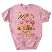 Happy Hallothanksmas Xmas Halloween Thanksgiving Flamingo T-Shirt-Z6VO