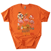 Happy Hallothanksmas Xmas Halloween Thanksgiving Flamingo T-Shirt-Z6VO